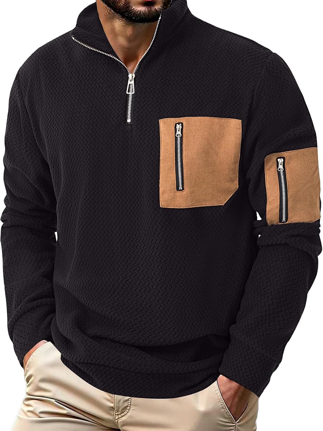 Men's Quarter Zipper Pullover Corduroy Sweatshirts Casual Mock Neck Stand Collar Long Sleeve Knit Top Outdoor Sweater