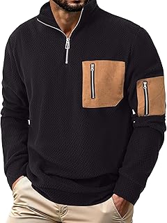 Men's Textured Quarter Zip Sweatshirt Long Sleeve Stand Collar Colorblock Casual Shirts Soft Comfy Stylish Shirt with Pockets