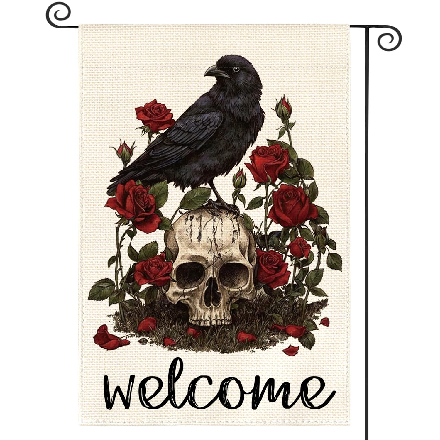 AVOIN colorlife Halloween powitalna czaszka róża wrona flaga ogrodowa dwustronna, Dzień Zmarłych świąteczny dziedziniec zewnętrzna dekoracyjna flaga 30 x 45 cm