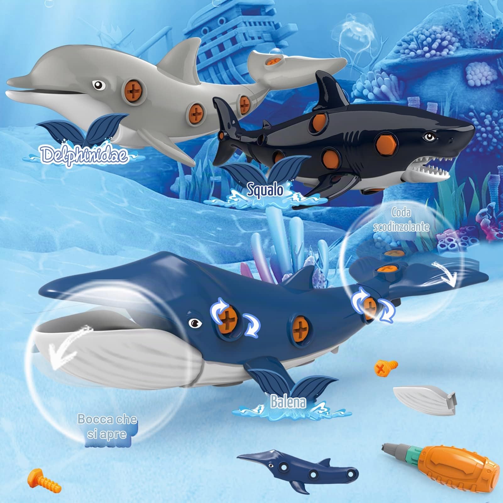 KAEGREEL Animali Marini Giocattolo per Bambini con Trapano Elettrico, Squalo Orca Dolphin Balena Animale Oceanico Costruzioni Giocattoli Puzzle Giochi DIY Regali per Ragazzi Ragazze 3 4 5 6 7 8 9 Anni