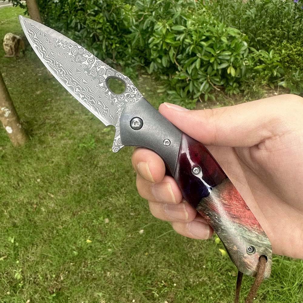 Outdoor Messer Survival Tragbar Taschenmesser Flach Aus stahl Damaskus,stabilisierte holz,Damast Klappmesser,Camping Jagdmesser taktische messer, EDC Damaszener Messer,klein tanto messer mit lederseil