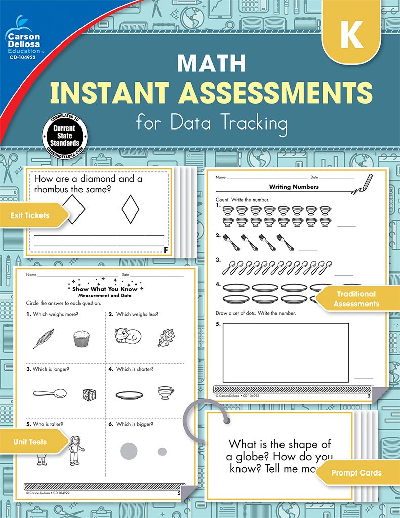 Carson Dellosa Instant Assessments for Data Tracking Book, Kindergarten Math Tests Covering Addition, Subtraction, Shapes, and More for Classroom or Homeschool Curriculum