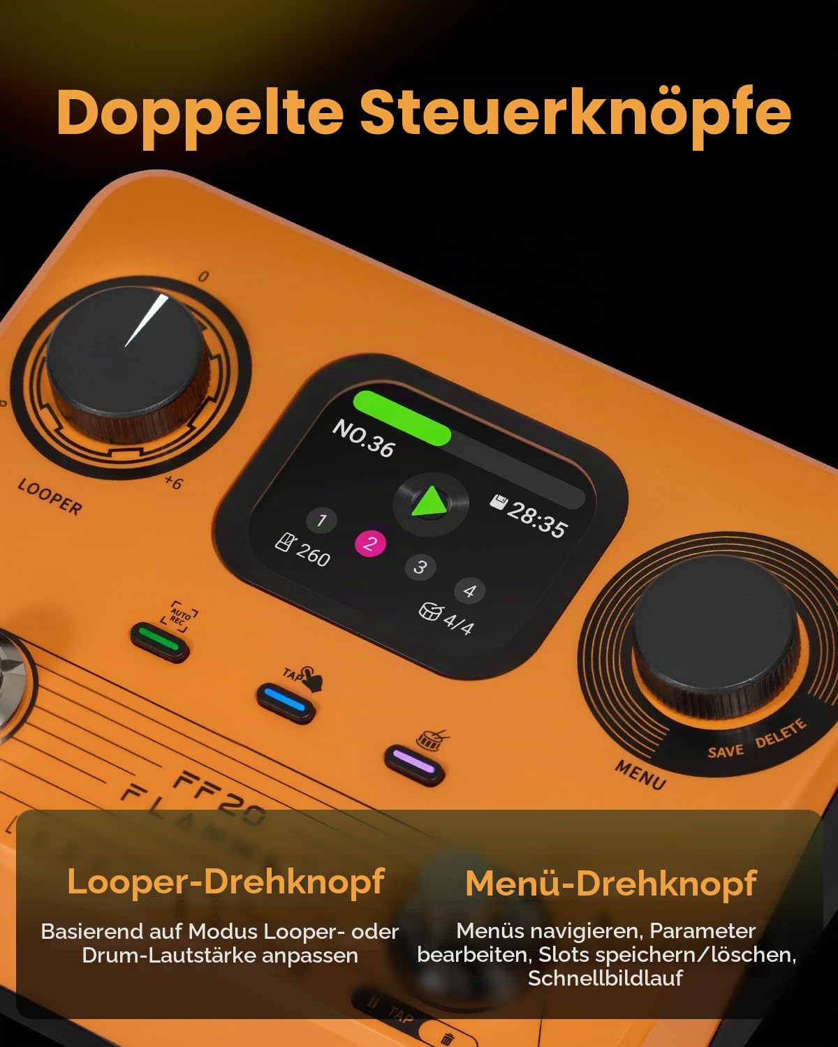 FLAMMA FF20 Looper-Pedal mit integrierter Drum-Maschine – 300 Min Stereo-Aufnahme, 220 Drum-Grooves, 100 Speicherplätze, Time-Stretch, Auto-Record, USB & Kopfhörerausgang – für Gitarre & Bass