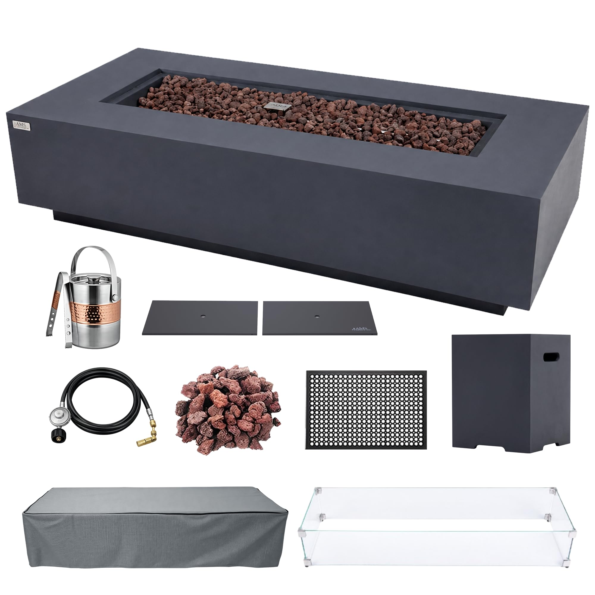 AMS 72" Rectangular Concrete Propane Gas Fire Pit Table Bundle - Dark Gray