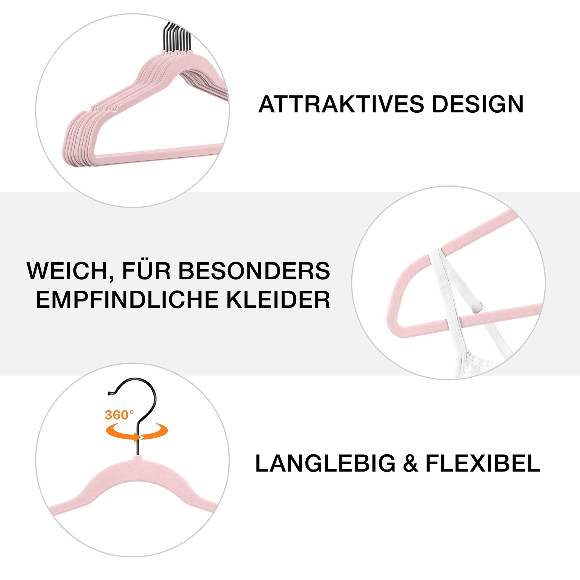 100 Stück hochwertige Samt Kleiderbügel in der Farbe Rosa mit schwarzem Haken/Anti-Rutsch/von StickandShine