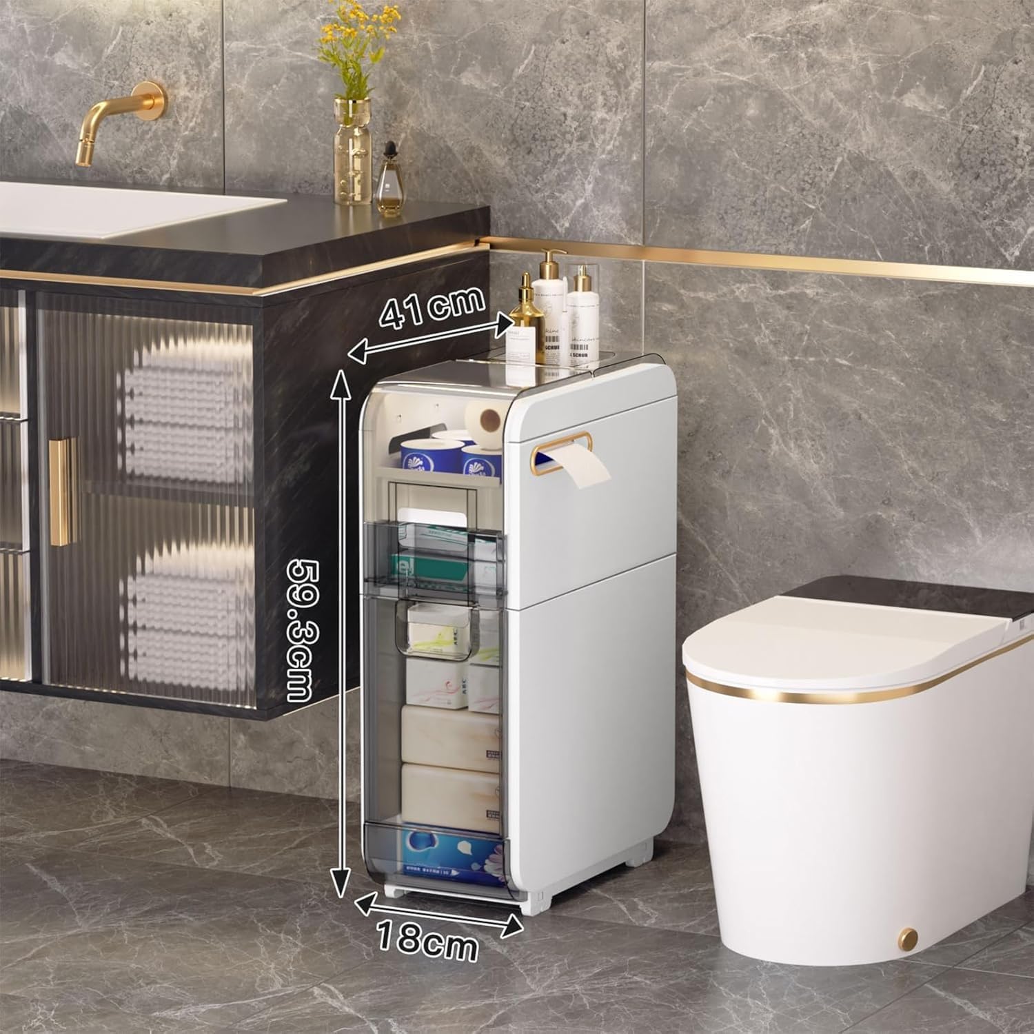 Armadietto portaoggetti stretto con cassetto multistrato e 4 ruote per una facile mobilità, 18 cm per WC e lavanderia (2 ripiani)