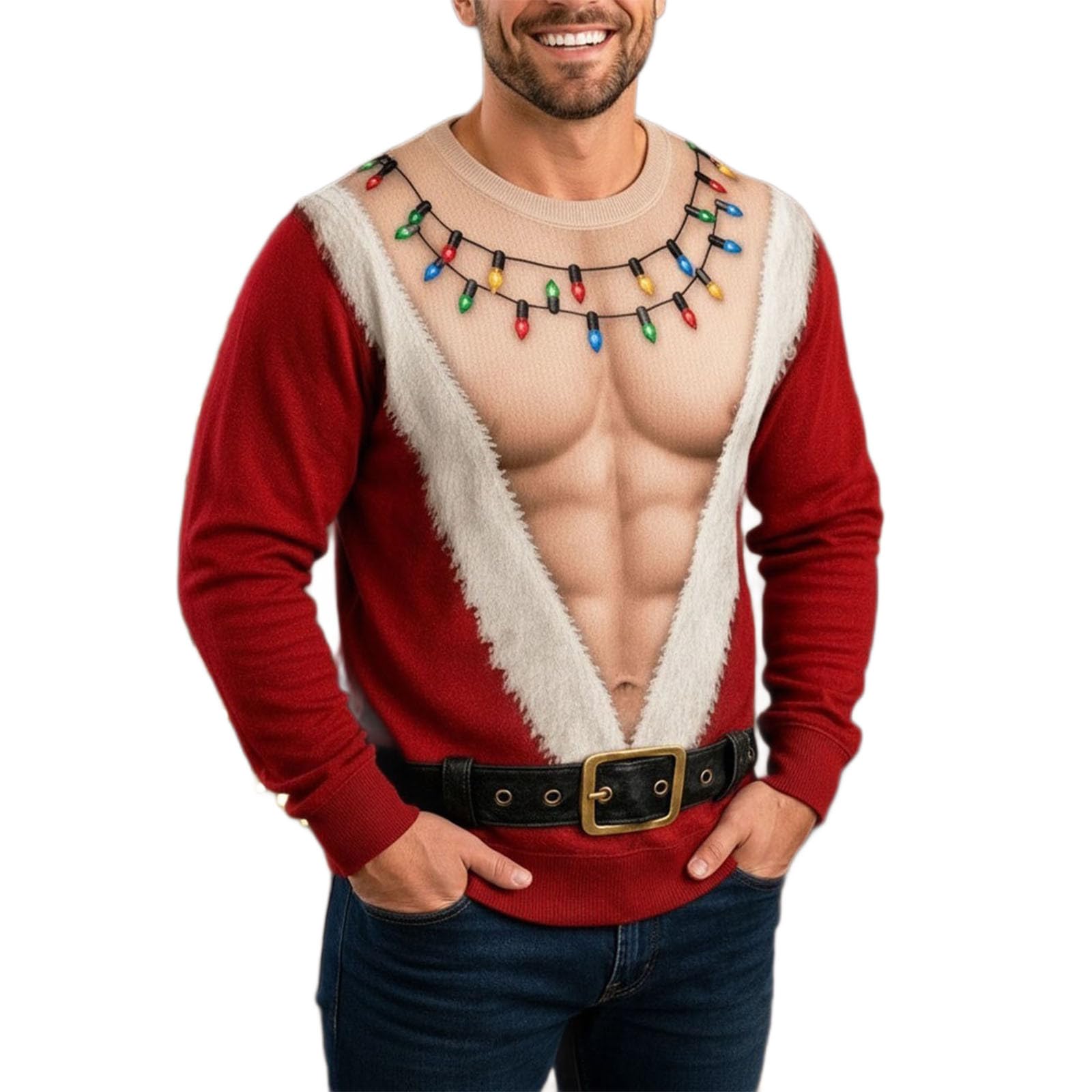 Funny Ugly Christmas Sweatshirt for Men, 3D Hairy Chest Body Sweaters Shirt