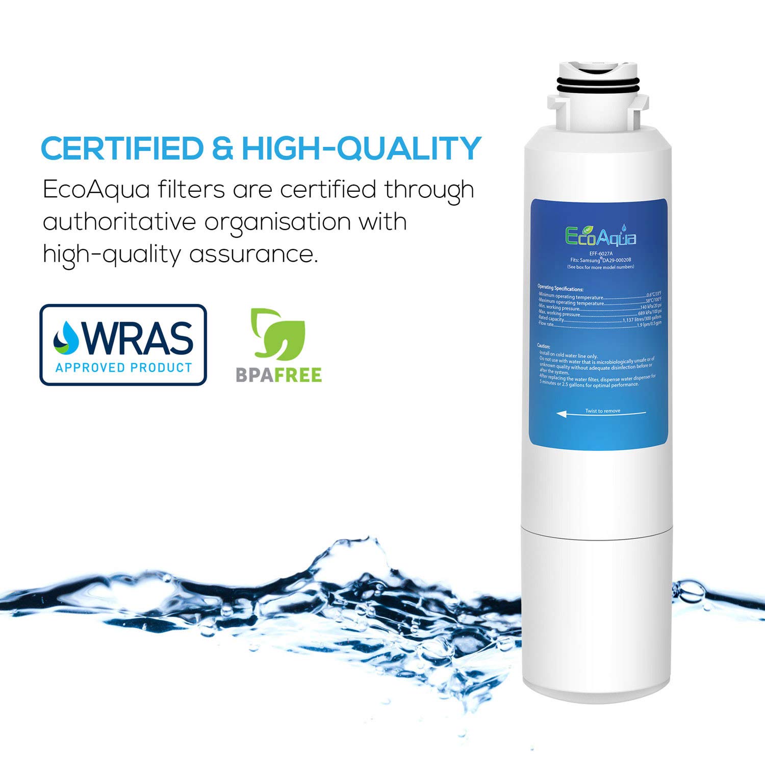 EcoAqua EFF-6027A Filtro de Agua para frigoríficos Compatible con Samsung DA29-00020B, DA29-00020A, 04609101000, HAF-CIN/EXP, 46-9101 (2)