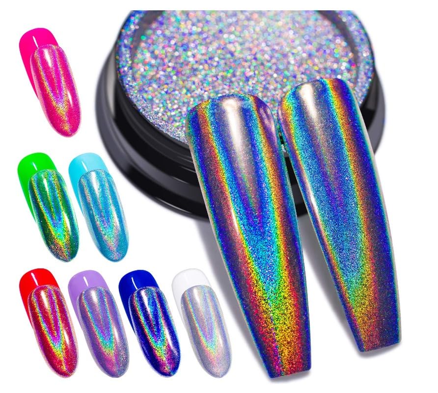 1pcs Holographic Nail Powder Fine Rainbow Holo Mermaid Unicorn Mirror Laser Effect Multi Chrome Manicure Pigment Glitter Dust With Sponge Tools for Salon Home Nail Art DIY Deco, Nail Decroration (Pack of 1)-image-34