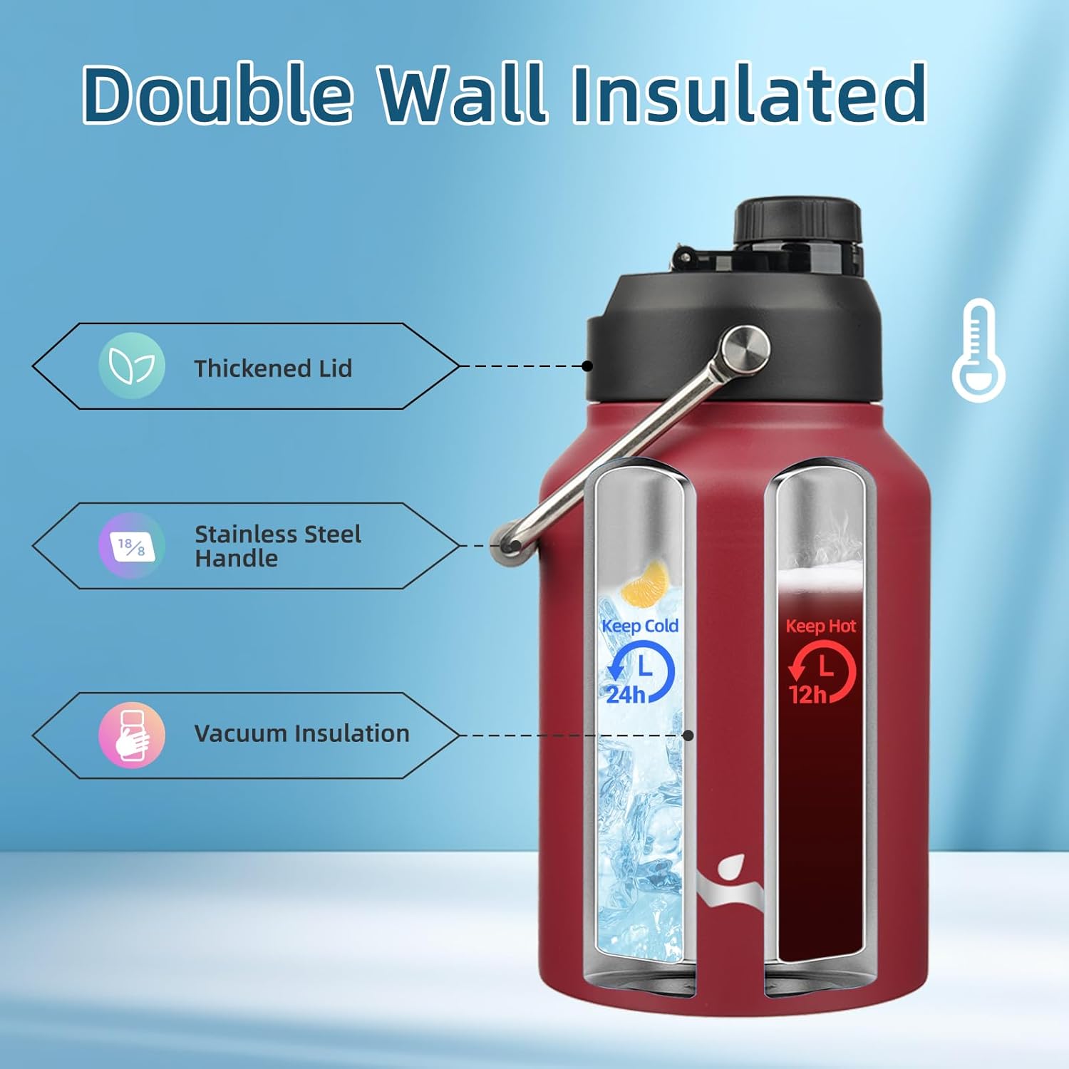 Half Gallon Jug with Handle,64 oz Insulated Water Bottle with Carrying Pouch,Double Wall Vacuum Stainless Steel Metal Bottle,Dark red - Image 3