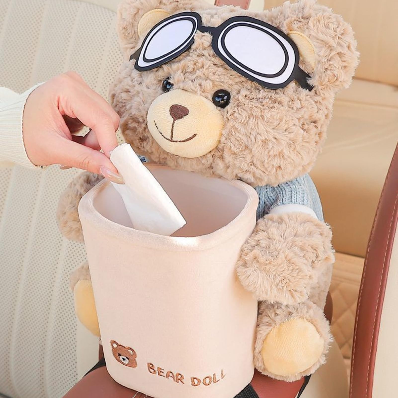 Car Tissue Box Holder, Plush Animal Trash Bin, 2-in-1 Cartoon Bear Organizer 25x22x28cm, Soft Vehicle Armrest Storage, Cute -Use Auto Accessory for Tissues and Waste