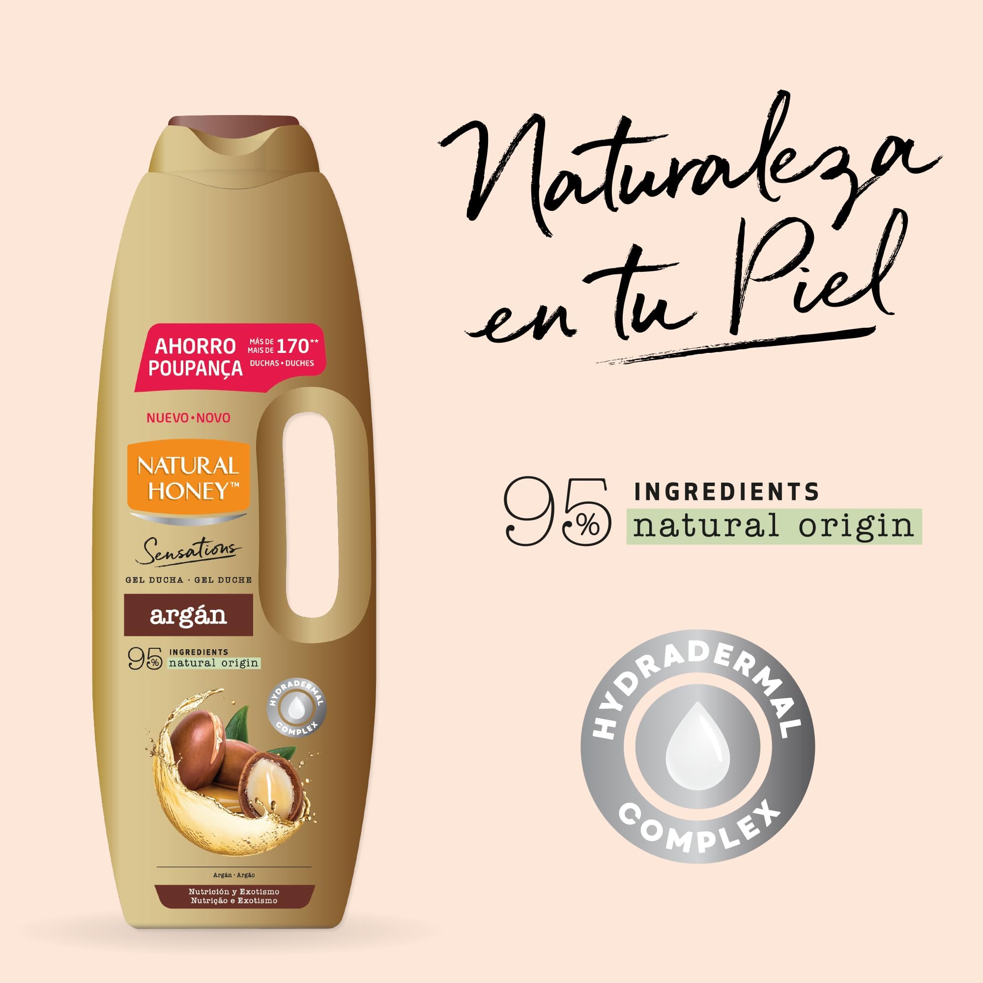Natural Honey, Gel de Ducha con Extracto de Argán Nutritivo y Reafirmante, con Hydradermal Complex para una Piel Sedosa e Hidratada, Ingredientes de Origen Natural, Línea Sensations, 1350 ml