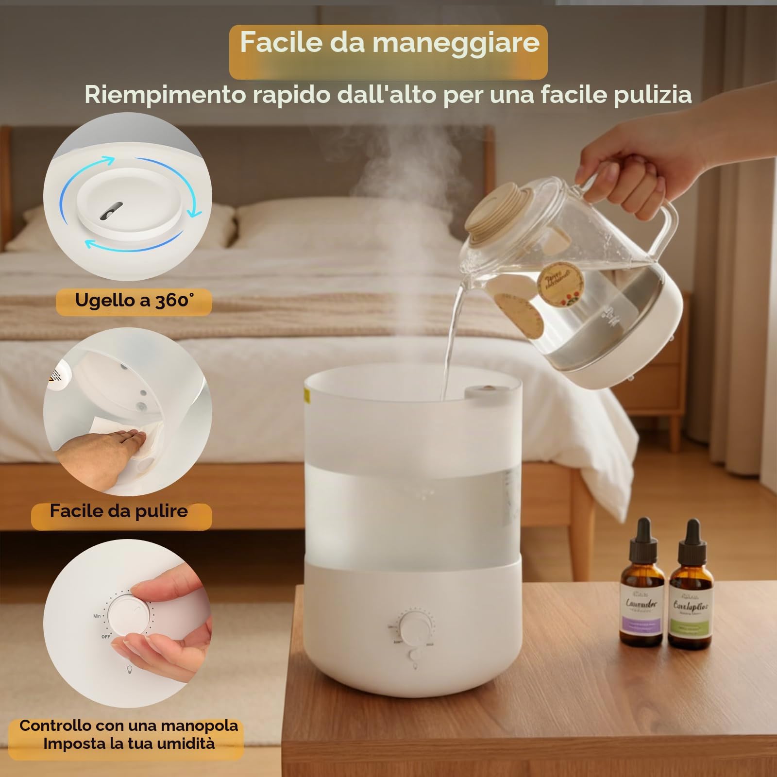 Romon Umidificatore Ambiente 2.5L, Bianco Diffusore di Oli Essenziali, fino a 28 Ore, Top Fill, Ugello a 360° per Piante Soggiorno, Umidificatores Ambiente per Aromaterapia, Spegnimento Automatico