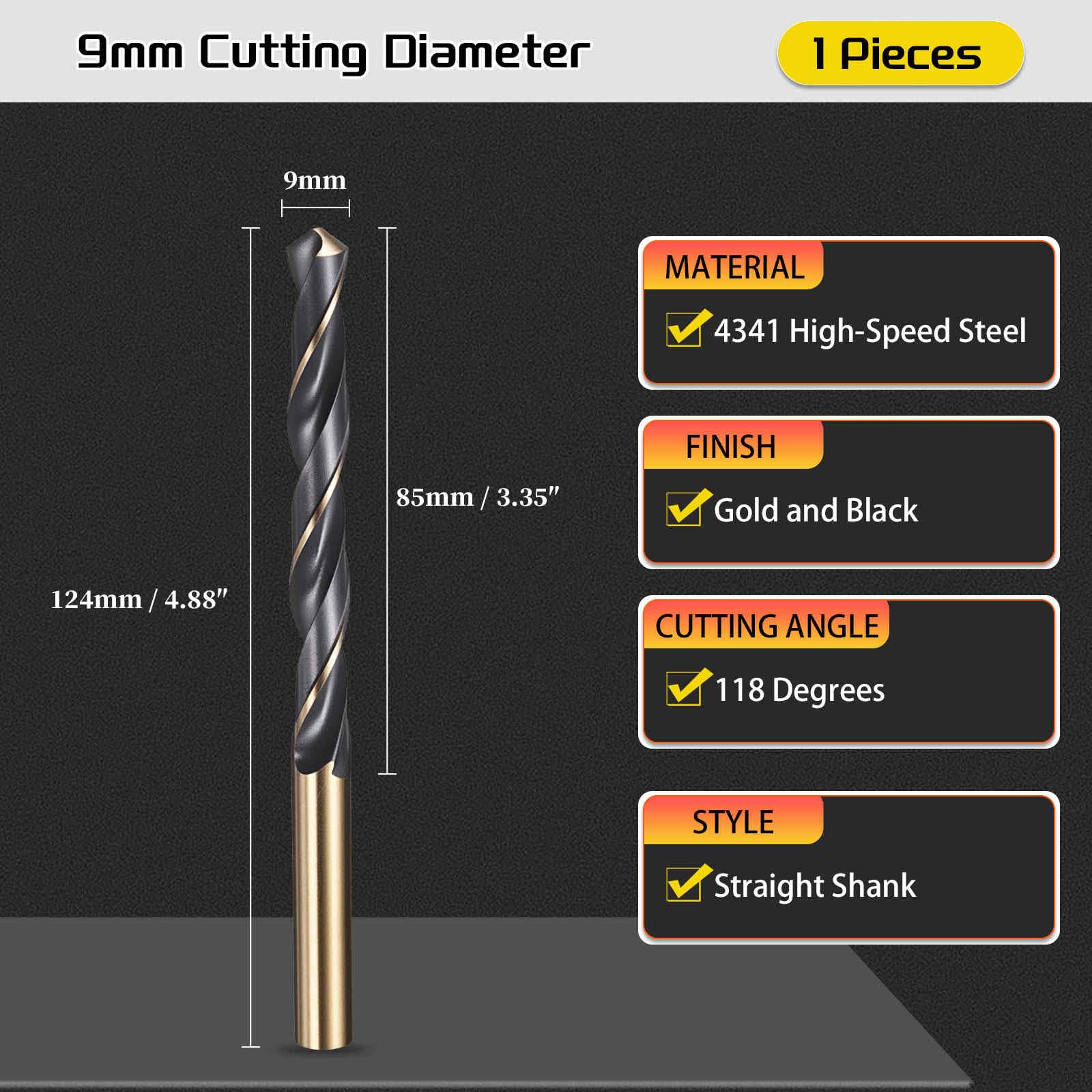 CoCud Drill Bit, 9mm Cutting Diameter, 4341 HSS Jobber Bits Gold and Black 118° Cutting Angle - Image 2