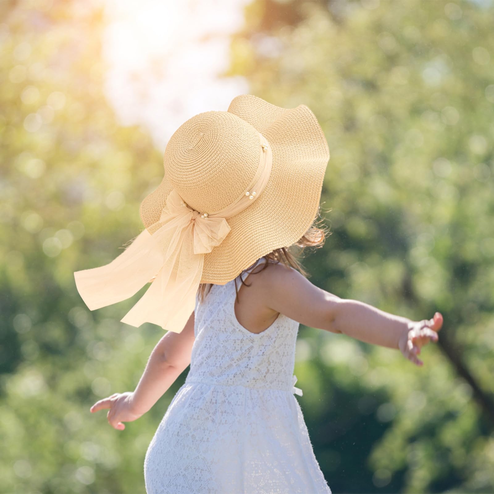 Kunyeah Enfants Fille été Chapeau de Paille Pliable Large Bord Casquette Pare-Soleil Chapeaux Protection Solaire Plage Chapeaux de Paille Bowknot Disquette Casquette pour Voyage Vacances