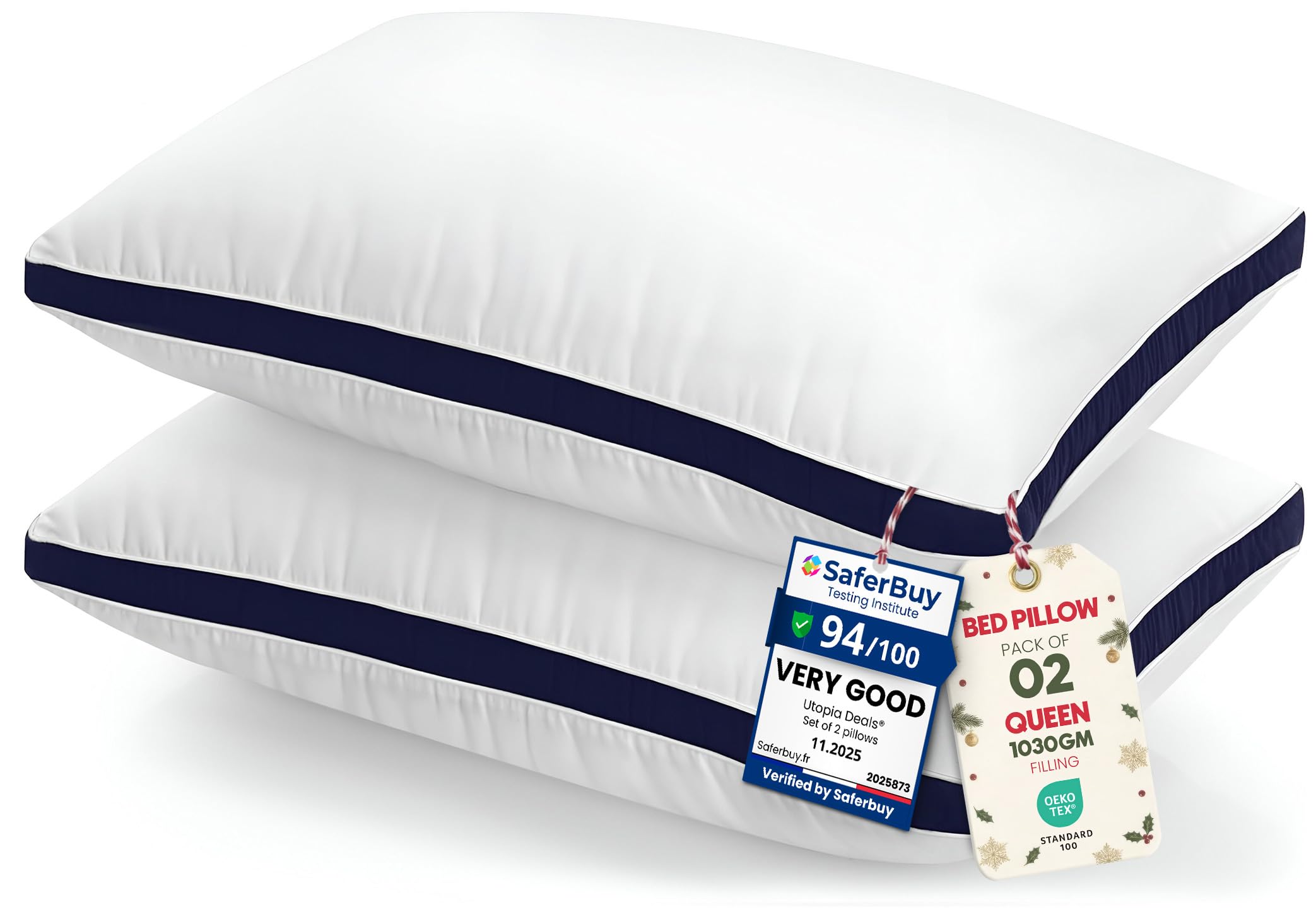 Utopia Bedding Pillows 2 Pack Queen Size, (Navy) Luxury Hotel Quality Pillows, Brushed Fabric, Bed Pillow for Back, Stomach or Side Sleepers - 18 x 26 inch / 45 x 66 cm