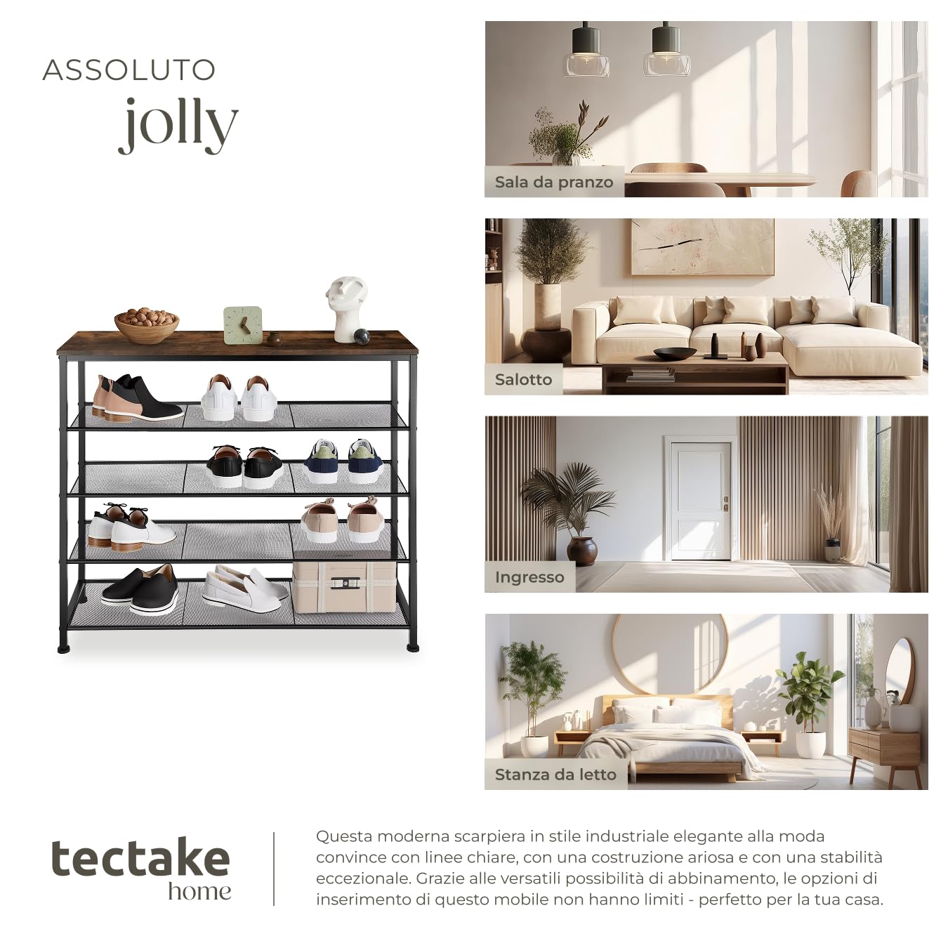 tectake® Scarpiera 100x30,5x93 cm, Scarpiera Salvaspazio slim, 4 Ripiani Rete, Scaffale Scarpe Uomo, Scarpe Donna, Stivali, Ideale Ingresso, Corridoio, Soggiorno, Stile Industriale - Legno Scuro