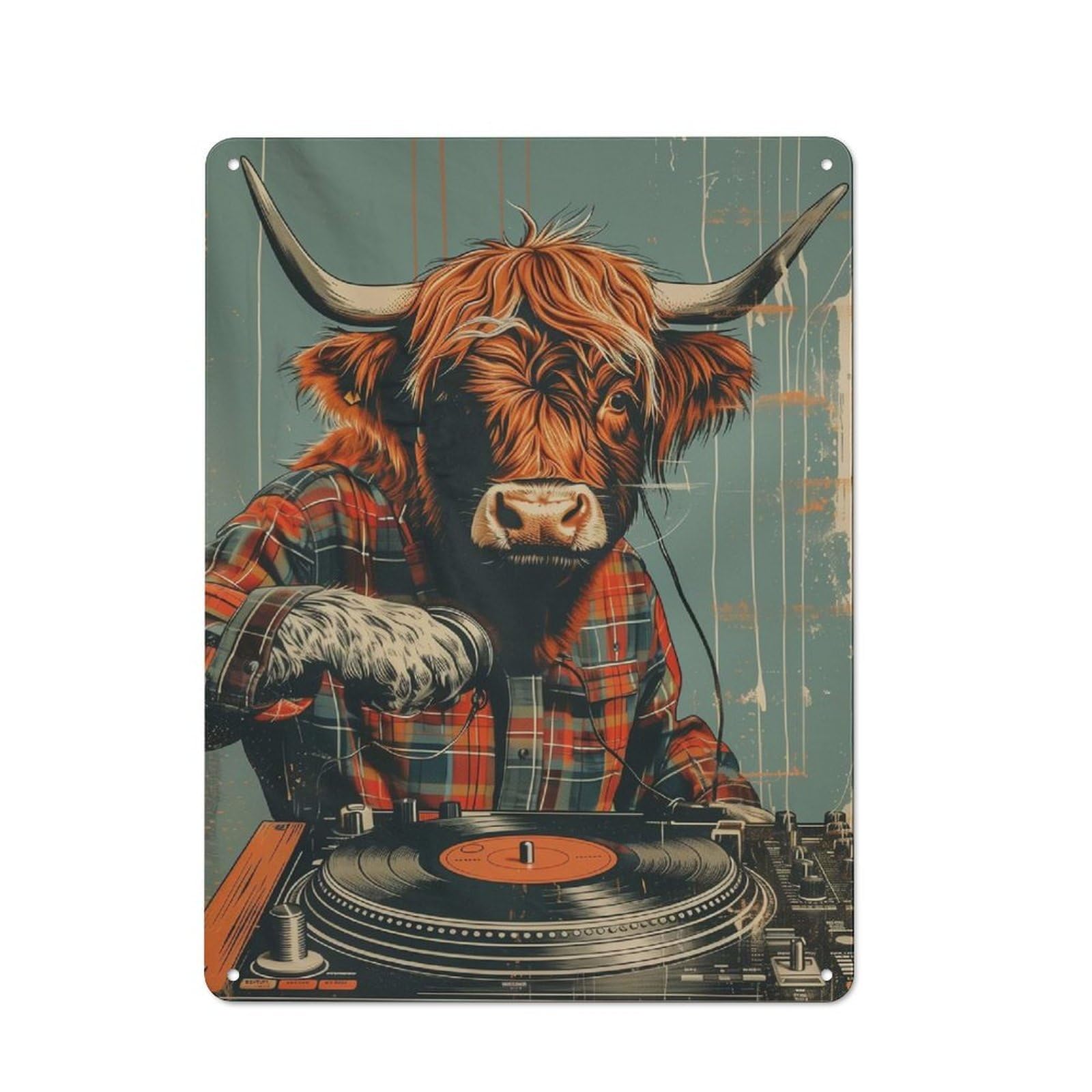 Junmoney Style-22 Garage Style Highland Cow Disk Jockey Retro Metal Sign 40X30cm, Workshop Wall Decor For Tool Room, Garage, Studio Or Home Bar