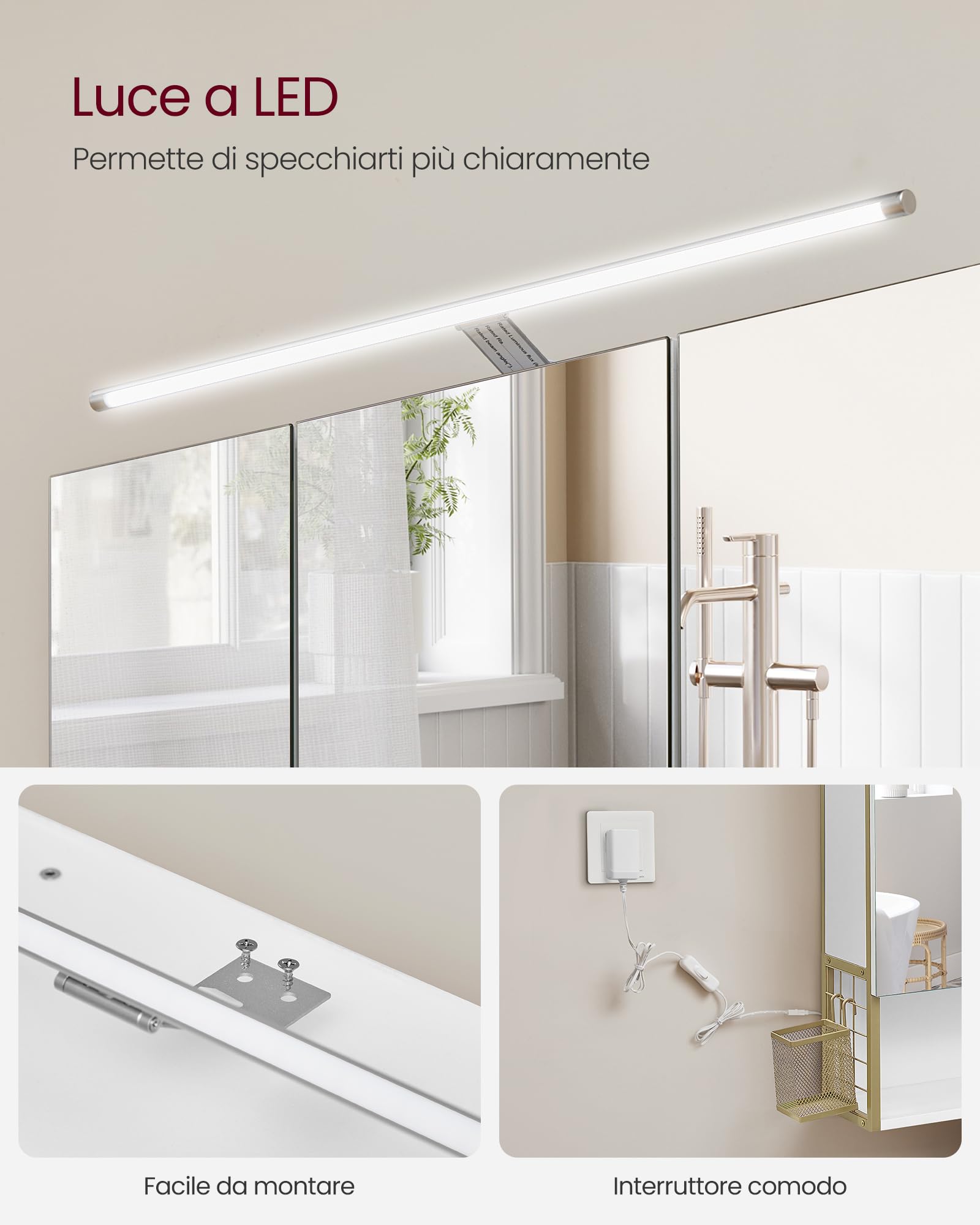 VASAGLE Armadietto da Bagno con Specchio e 3 Ante, Mobile a Parete, Cestino, Porta Asciugacapelli, Capiente, Mobiletto Bagno da Muro, Bianco Nuvola e Oro Verde Chiaro BBK124A10