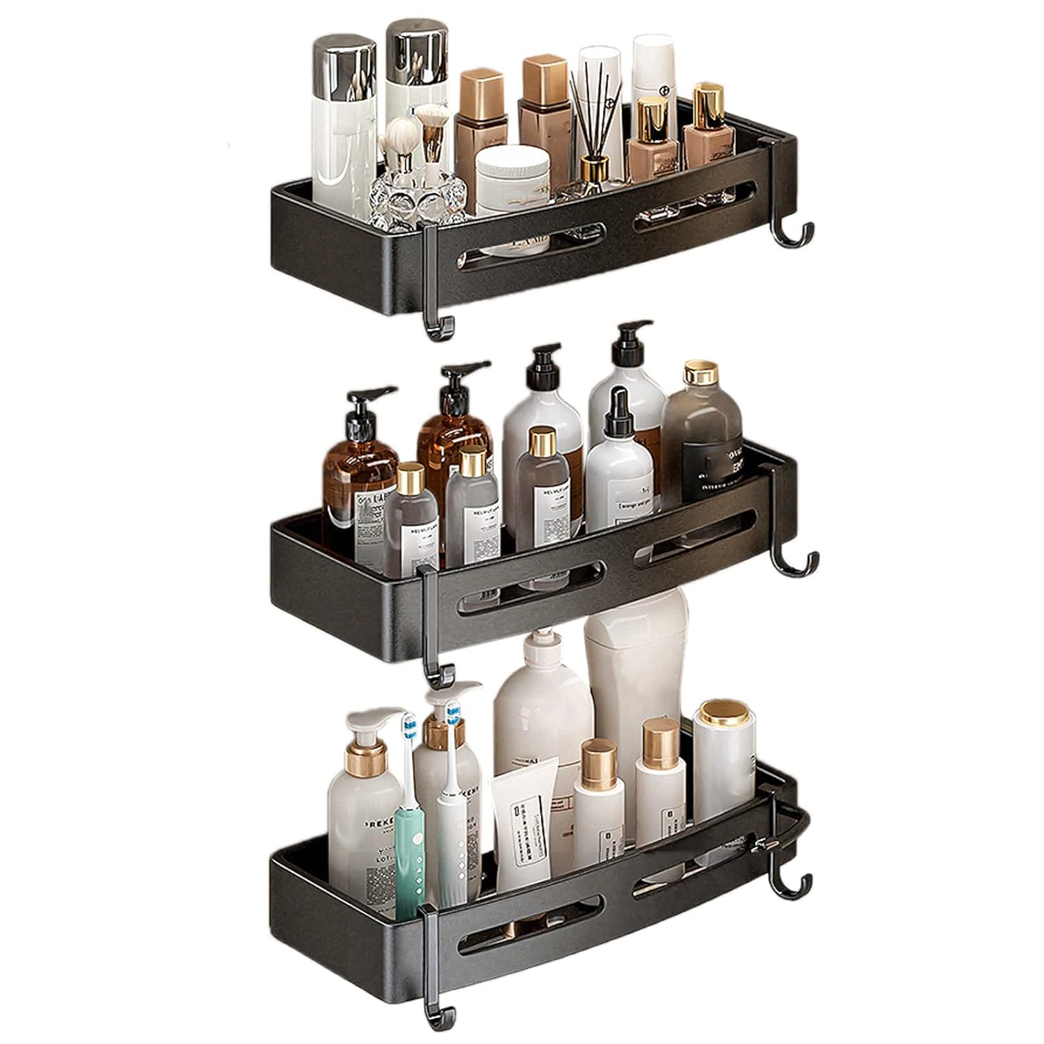 YQIRONRI Shower Caddy Self Adhesive Shelf Wall Mount Shelves No Drill with Hook Space Aluminum for Bathroom Kitchen