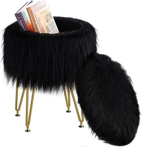 Taburete de tocador con almacenamiento, taburete de piel sintética, asiento acolchado suave, reposapiés redondo con 4 patas de metal y pies