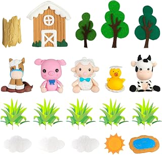 DRWATE Farm Animal Cake Topper Cow Cake Decorations with Cow Pig Horse Sheep Chicken for Baby Shower Farm Birthday Party Supplies (Clay)