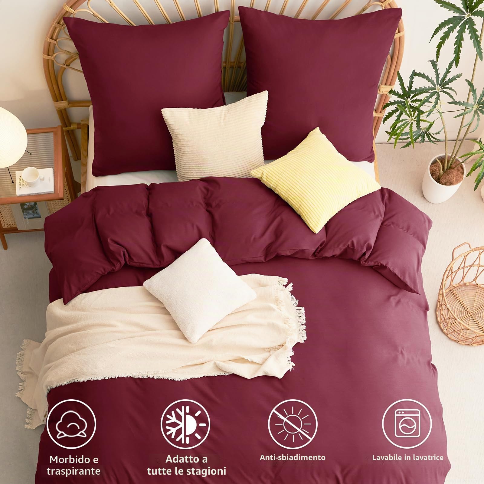 WAVVE Set Biancheria da Letto 155 x 220 cm, 3 Pezzi, Rosso Vinaccia - Copripiumino e 2 Federe 80 x 80 cm in Microfibra Con Chiusura Lampo