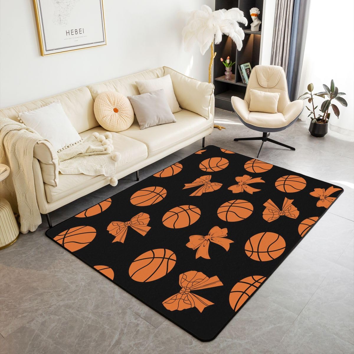 Loussiesd Dywan do koszykówki 150 x 200 cm poliester kokarda dywany do salonu do sypialni gier sport dekoracja dywan gry w piłkę czarna mata podłogowa do wnętrz prezent dla miłośnika koszykówki miękka