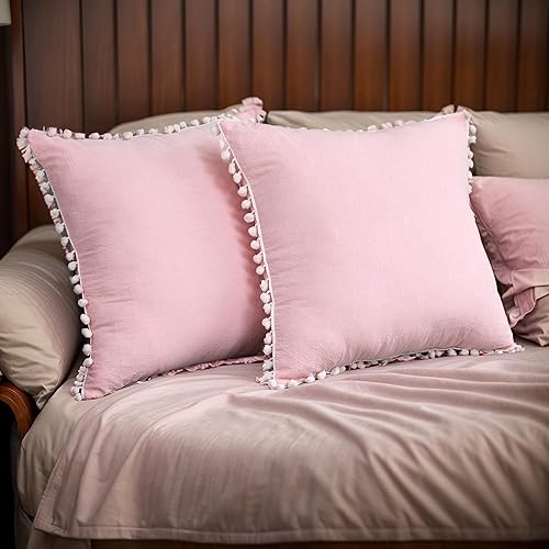 Vista 11 de Softta Euro Sham Covers - Juego de 2 fundas de almohada de 26 x 26 pulgadas con pompón negro, estilo étnico, vintage, 100% algodón puro, fundas