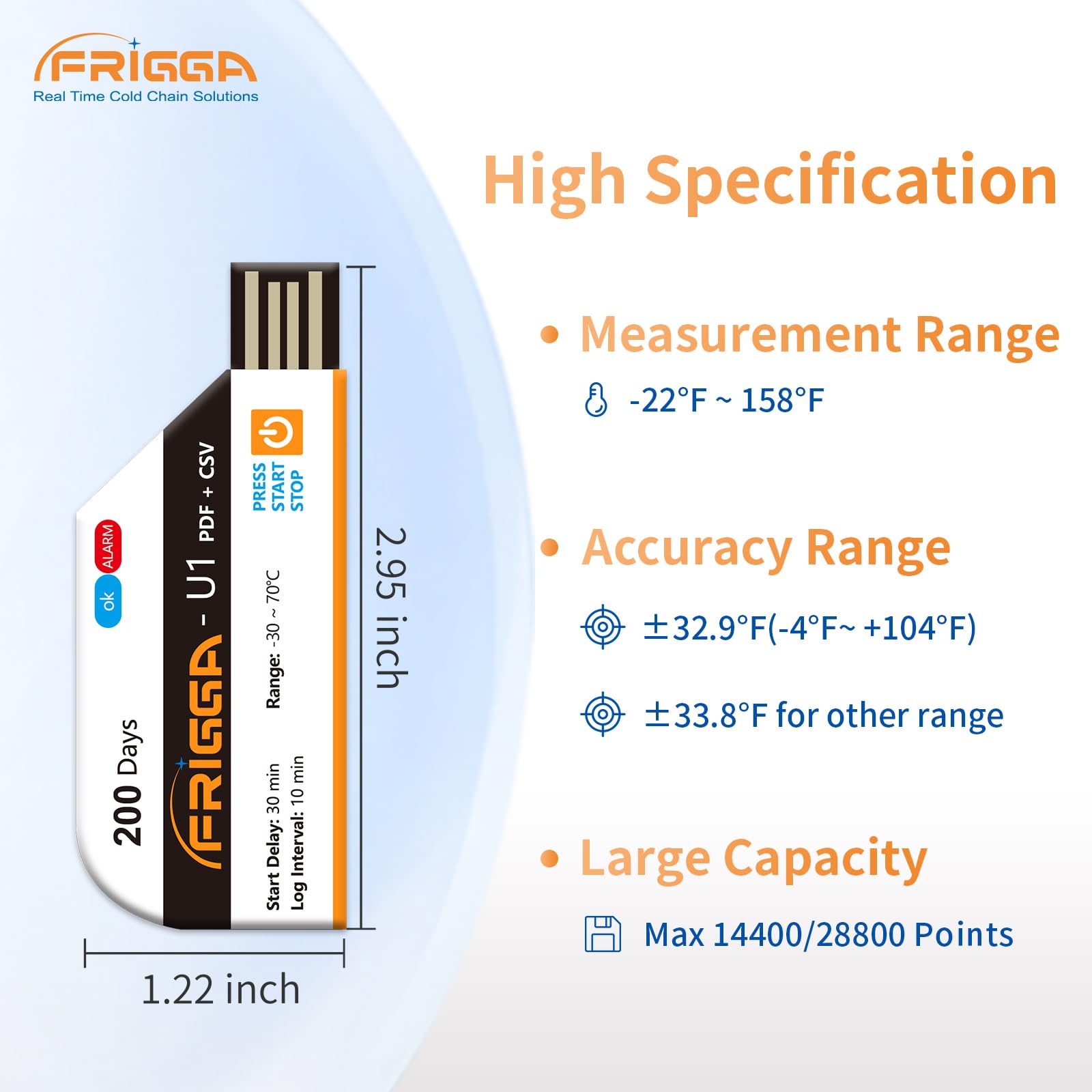 Frigga Paquete de 10 registradores de datos de temperatura, registrador de temperatura de un solo uso, 28800 puntos, registradores de temperatura USB, alta precisión, 200 días, transporte de cadena