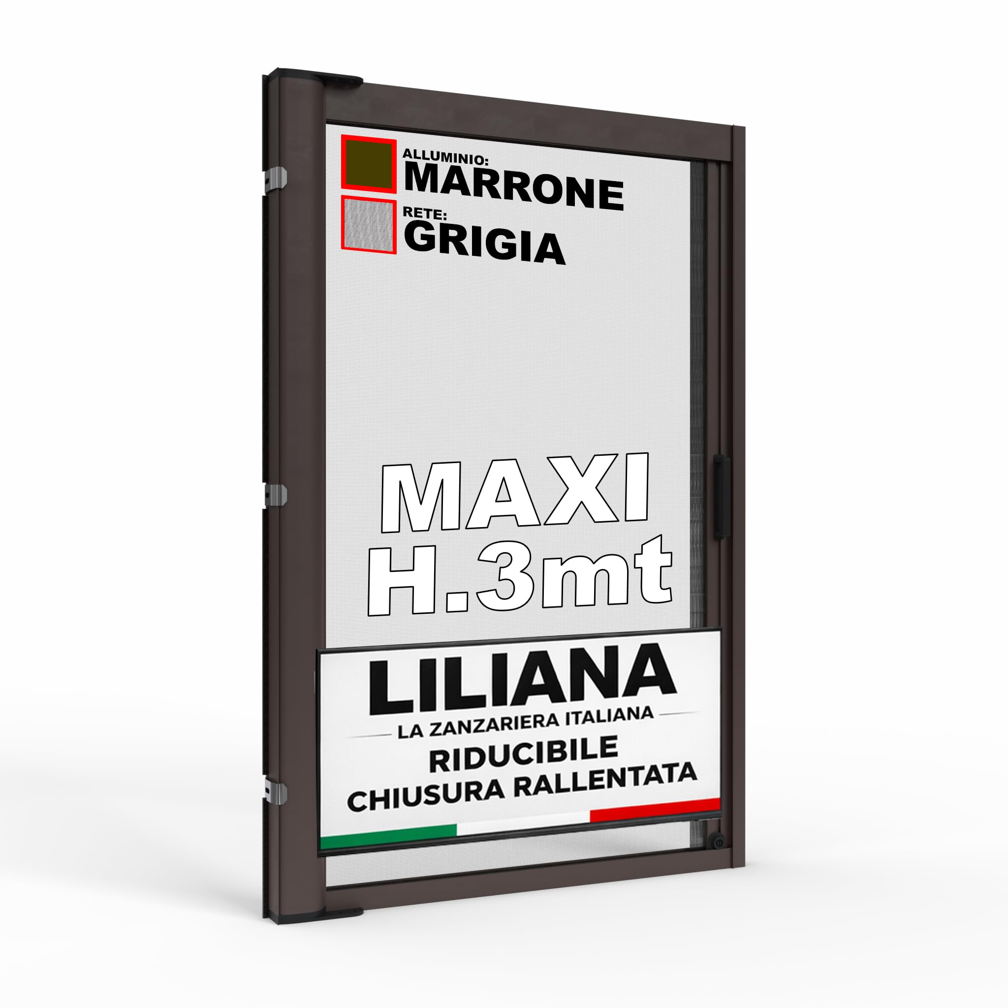 Zanzariera a Rullo "LILIANA MAXI" L 150 x H 300cm Laterale Riducibile per Porta Finestre Con Chiusura Rallentata e Magnetica - Marrone RAL8017 con Rete in Fibra di Vetro Grigia - Made in italy