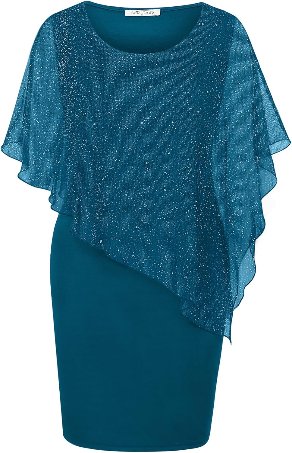 SeSe Code Women’s Mesh Cape Overlay Bodycon Knee Length Pencil Dress for Wedding Guest