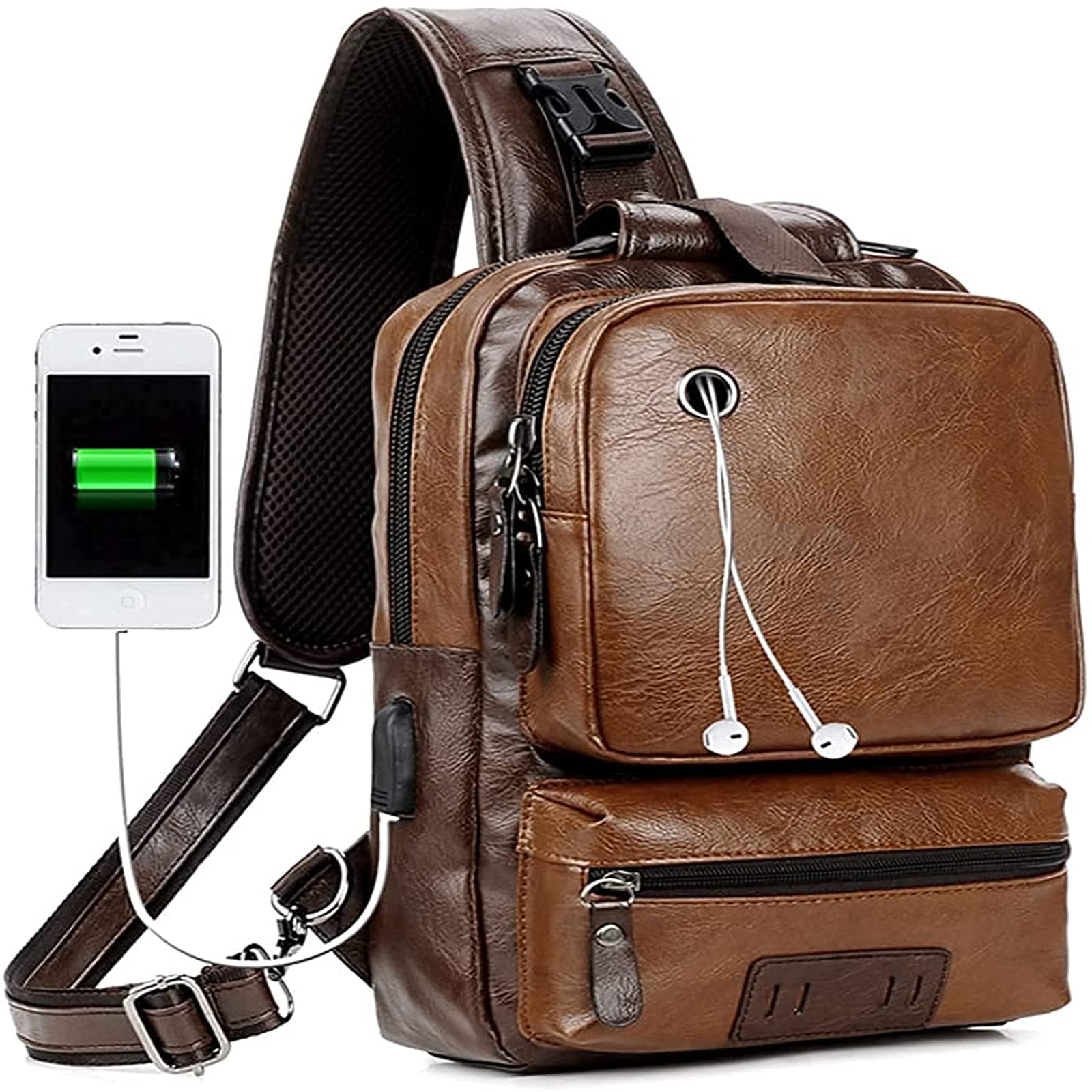 Bolso bandolera de cuero PU marrón para hombre con puerto de carga USB 8