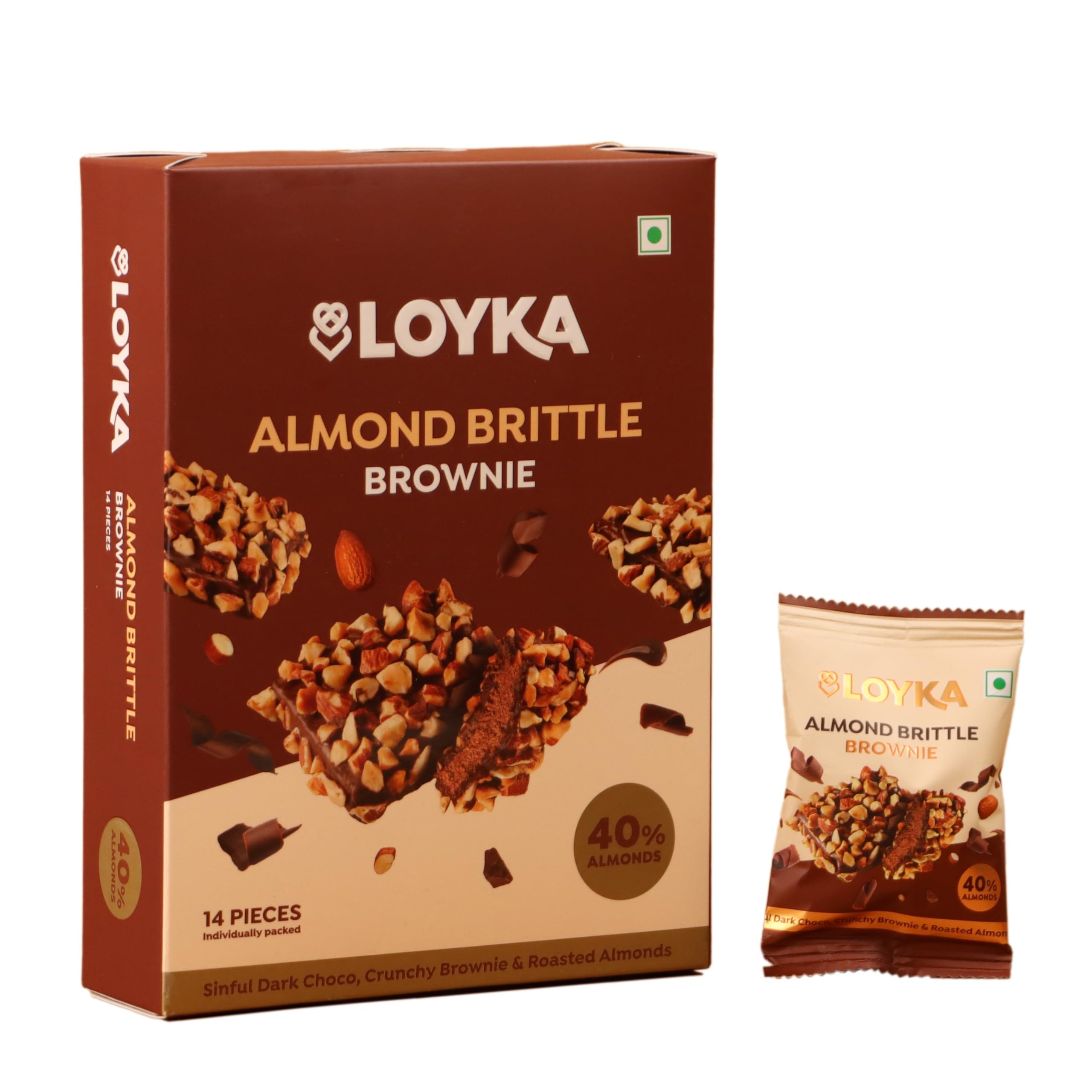 Loyka Almond Brittle Brownie Choco Box -14 pcs | Premium Chocolate Gift Hamper | Choco & Nut Dryfruit Delicacy | Roasted California Almonds (40%), Dark Choco & Crunchy Brownie | Any-time snack
