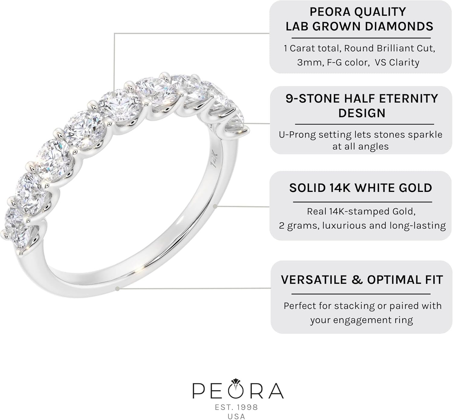PEORA 14K White Gold 1 Carat Lab Grown Diamond 9-Stone Half Eternity Band for Women, Wedding Anniversary Stackable Ring, F-G Color, VS Clarity, Sizes 4 to 10