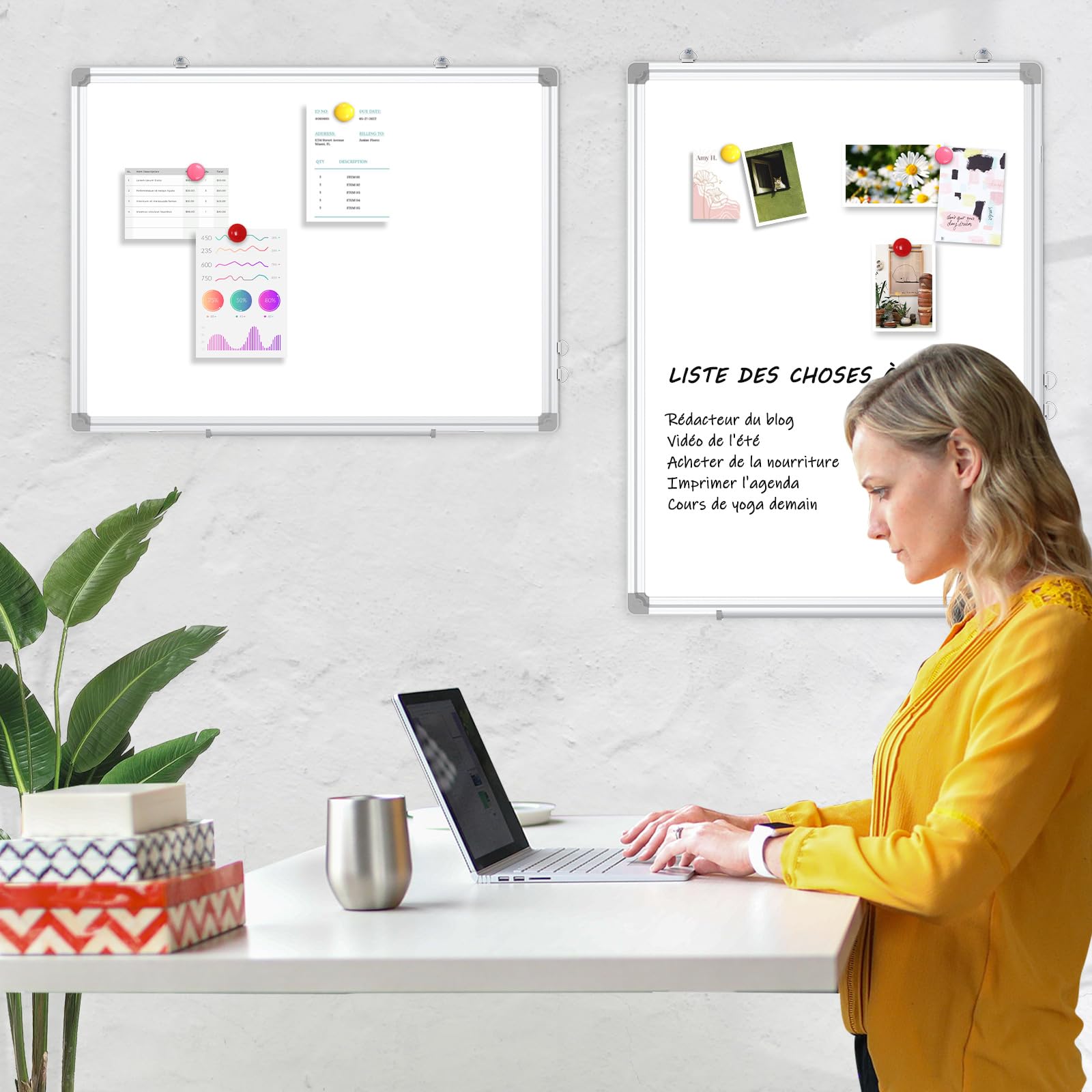 DOLLAR BOSS Tableau blanc magnétique 60 x 45 cm Whiteboard, tableau magnetique mural, tableau blanc effaçable à sec avec cadre en aluminium, porte-marqueurs et 2 marqueurs