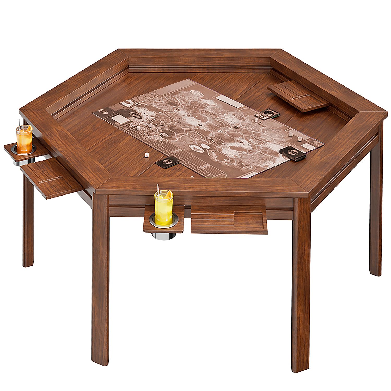 NINJAWELL Solid Wood Hexagonal Board Game Table with Removable Table Top, Seats 6 Players with 60"x60" Play Area, Includes 6 Detachable Cup Holders,