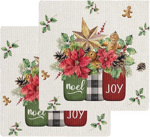 2 Packs Kitchen Towel Cotton Waffle Weave, Poinsettia Flower Leaves Berries Star Retro Christmas Absorbent Quick Drying Dish Cloths for Kitchen