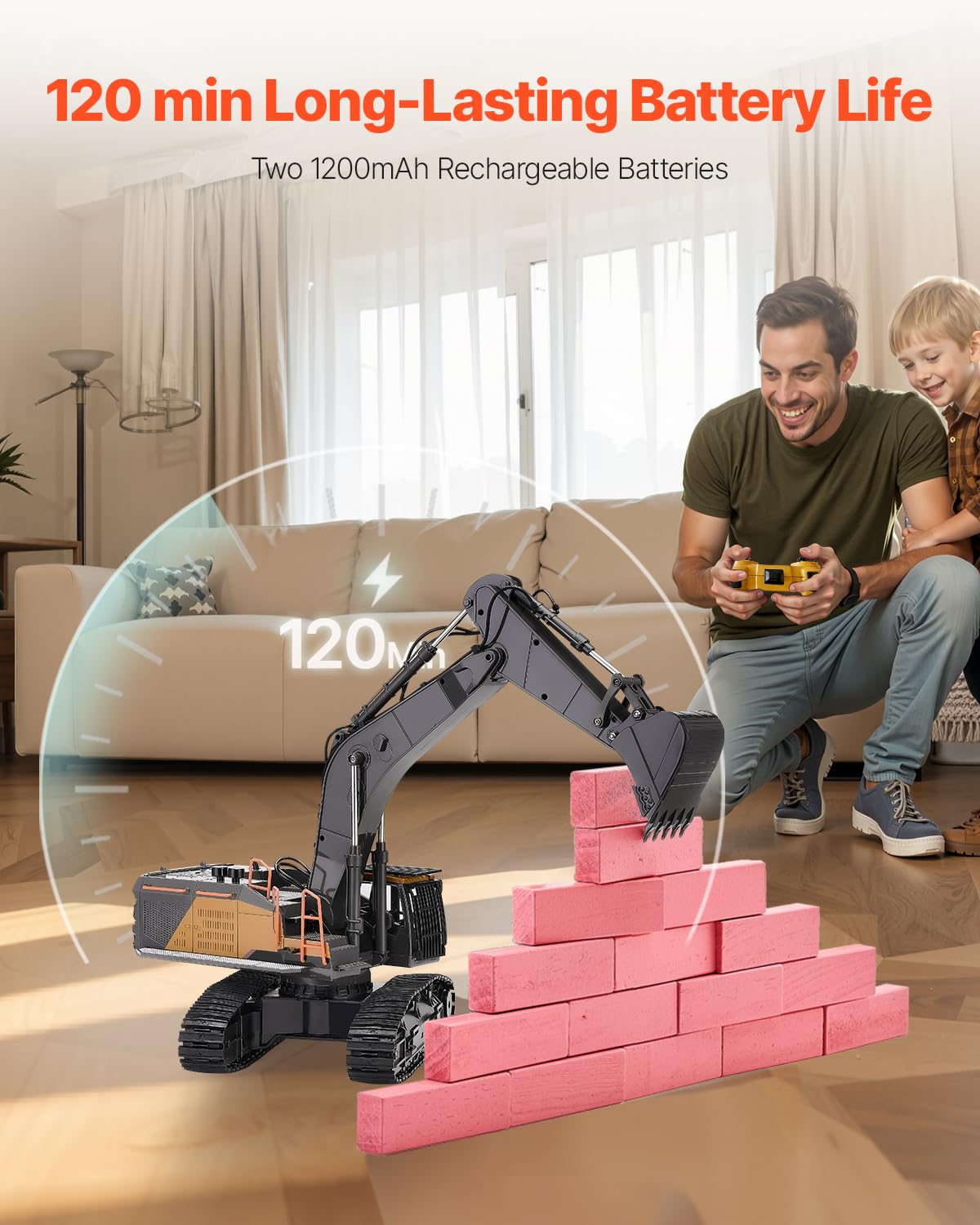 VEVOR Pelleteuse Télécommandée 22 Canaux Excavatrice RC Enfants Échelle 1:14 Pelle Métallique, Lumière et Son, Batterie Rechargeable, Jouet Véhicule de Construction, pour Enfant, Cadeau d'Anniversaire