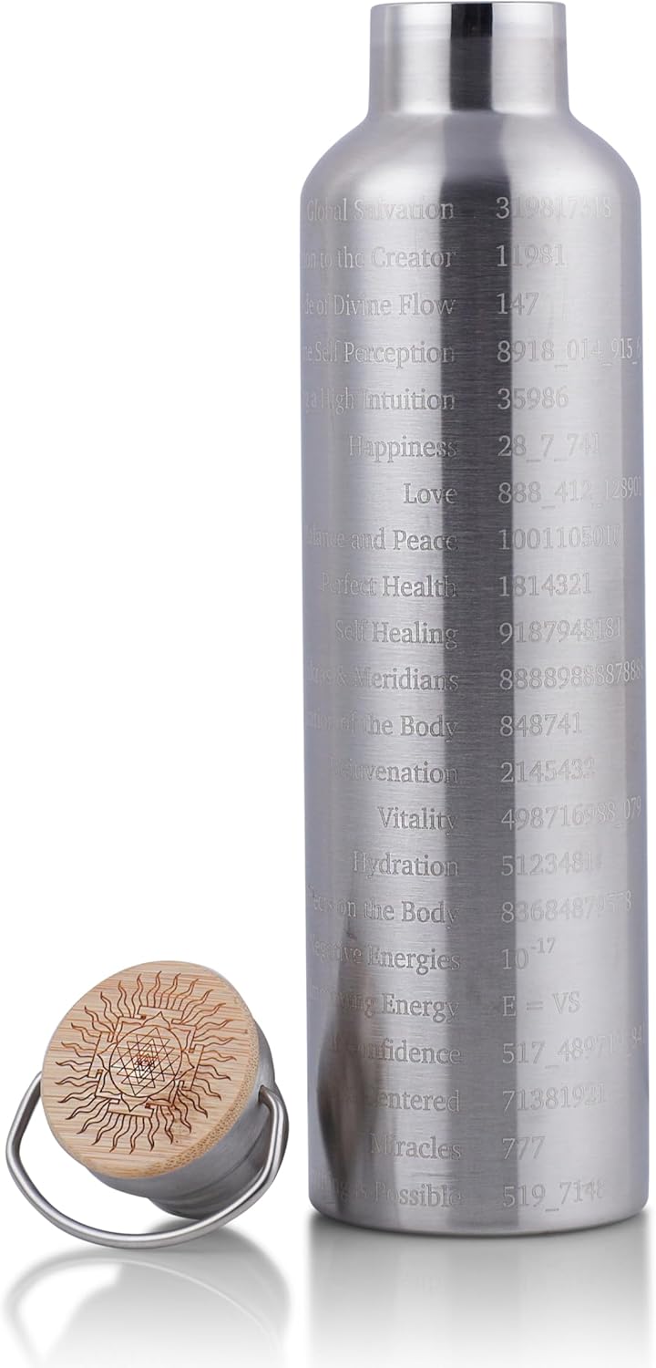 SANA Numerana Grabovoi Water Bottle 1L (34 oz) Stainless Steel | Water Activator Bottle Double-Walled Insulated Silver Bottle with Engraved Grabovoi Numbers (2.0 Version)