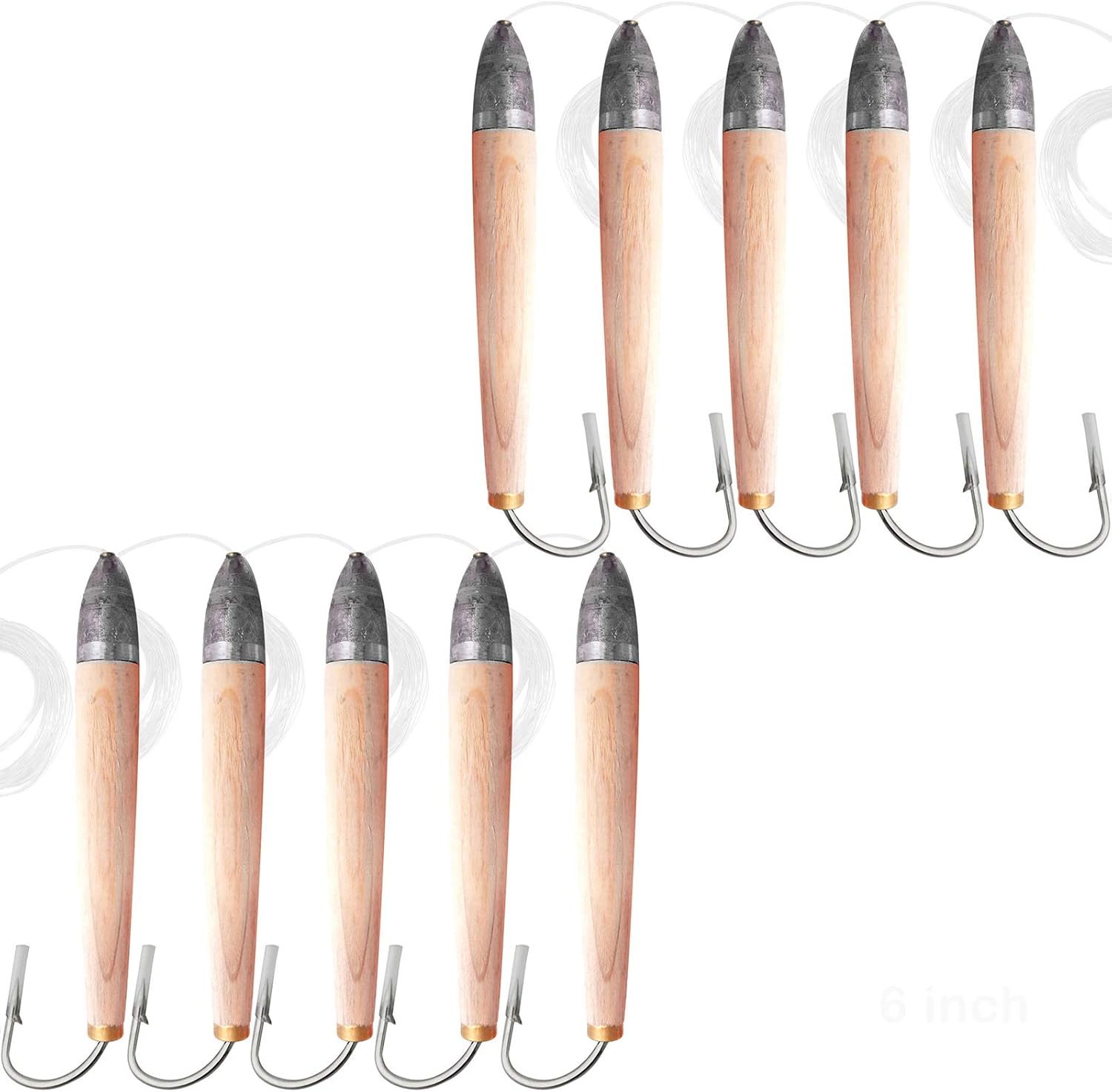 10pcs Fish WOW! 6" Fishing Cedar Plugs Rigged Tuna Mahi Trolling Wood Lure - Natural Unpaint