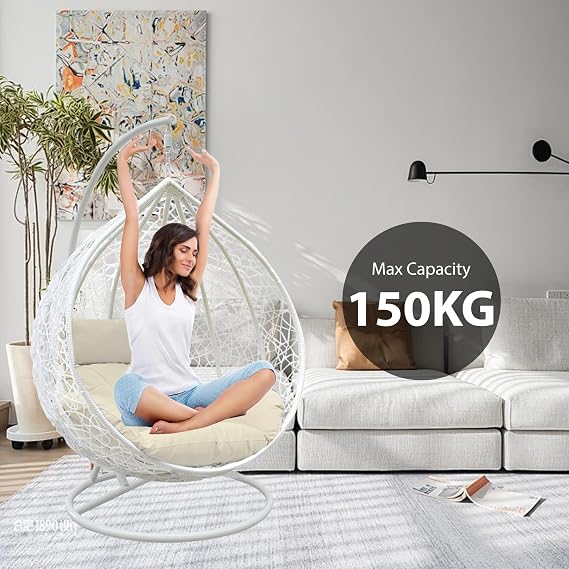 Rattan Swing Egg Chair | Holywarm Garden Swing Chair with Cushion | Indoor Outdoor Hanging Chair with Stand | Hammock Egg Chairs for Garden Bedroom Balcony (White Egg Chair + Brown Cushion)