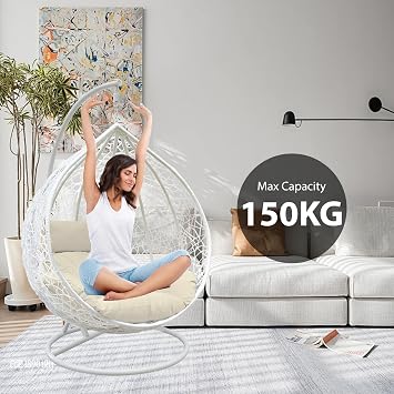Rattan Swing Egg Chair | Holywarm Garden Swing Chair with Cushion | Indoor Outdoor Hanging Chair with Stand | Hammock Egg Chairs for Garden Bedroom Balcony (White Egg Chair + Brown Cushion)