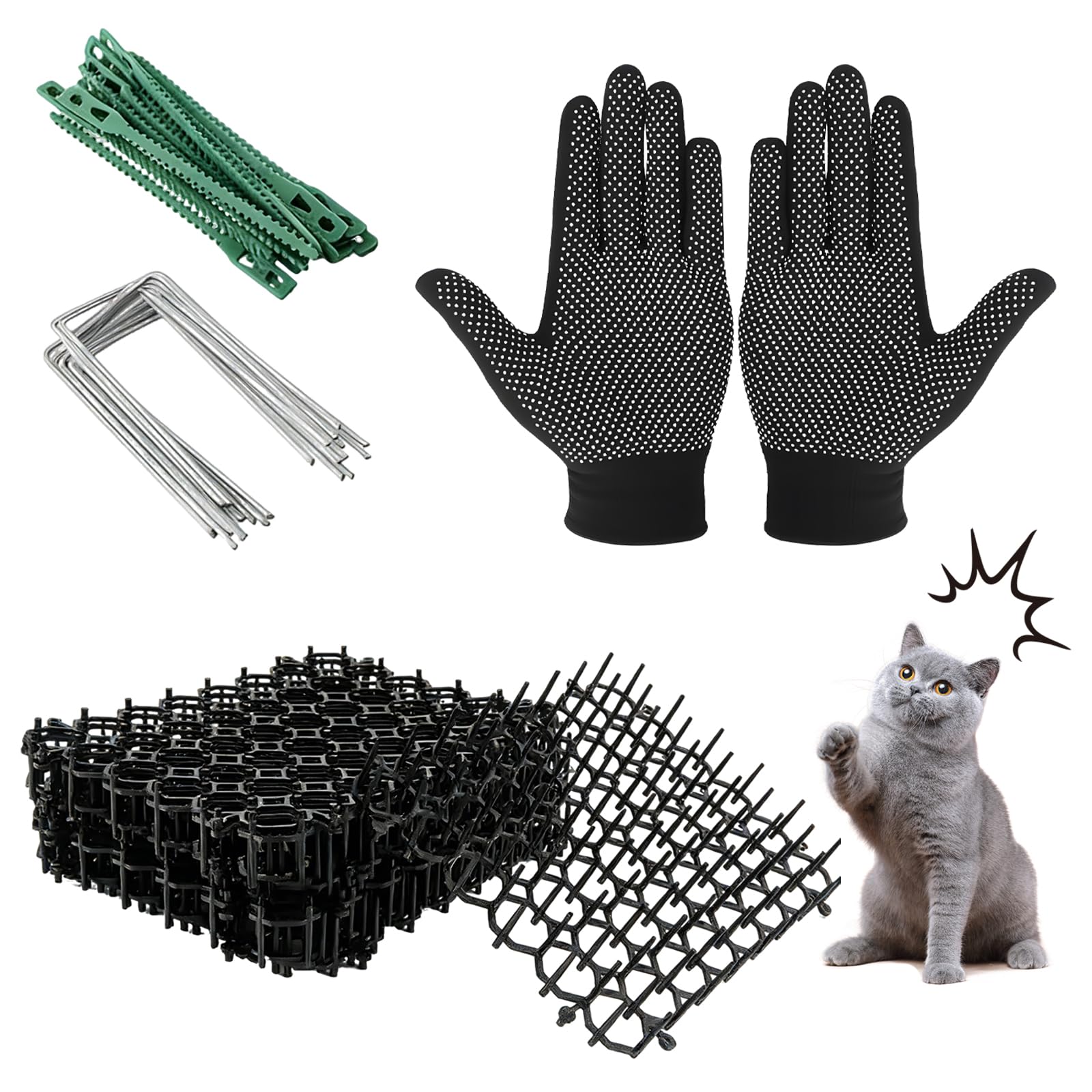 Prickle Strip Dig Stopper, 12Pcs Cat Repellent Mat, 20 x 15cm Cat Scat Mat with Spikes with 8 U-shaped Pegs and 20 Ties and a Pair of Glove for Garden Fence Lawn Animal Barrier