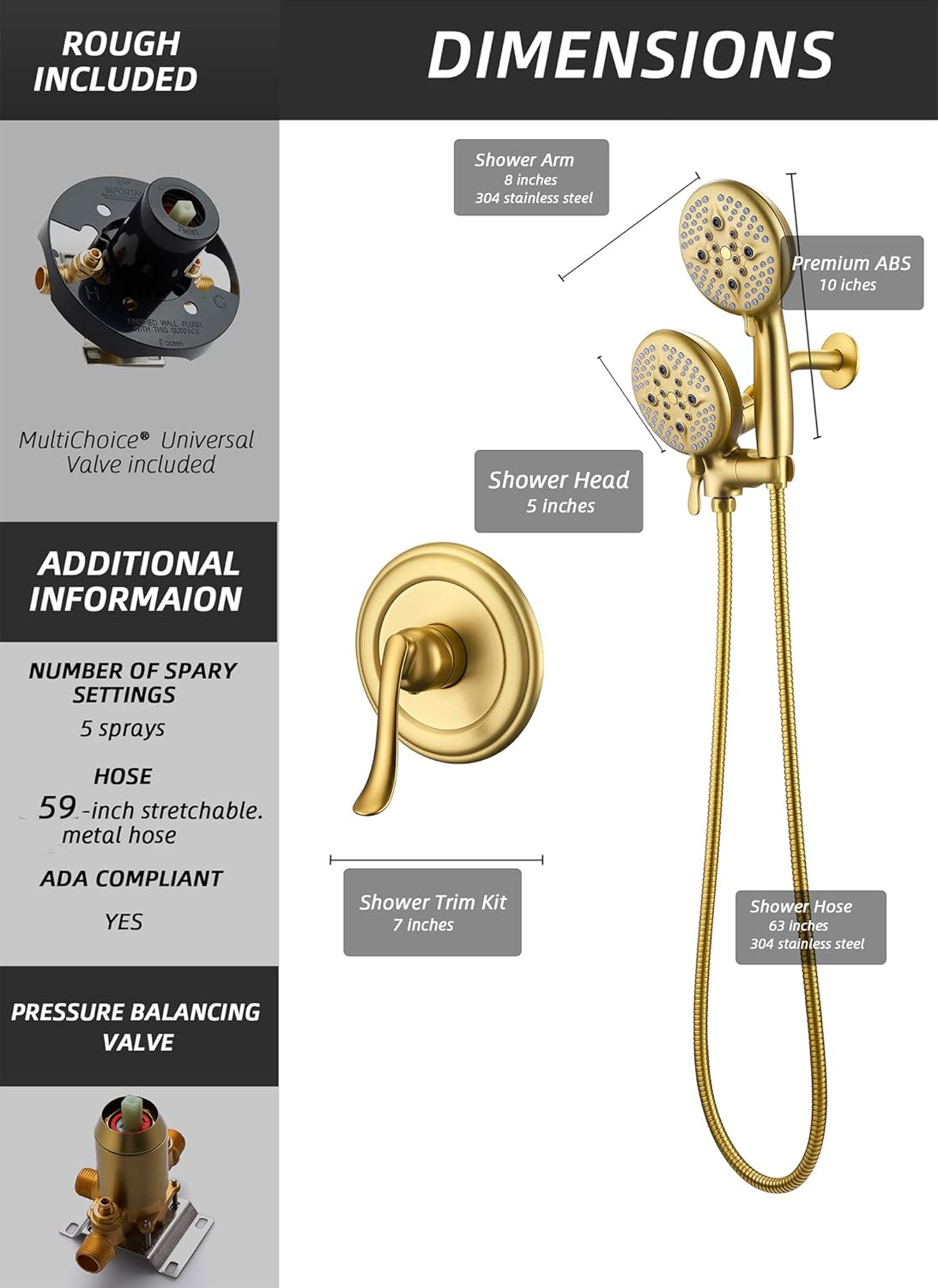ELLO&ALLO Bathroom Shower Faucet Set Mixing Valve and Trim Kit, Complete Shower System with Rough-in Valve, Brushed Gold