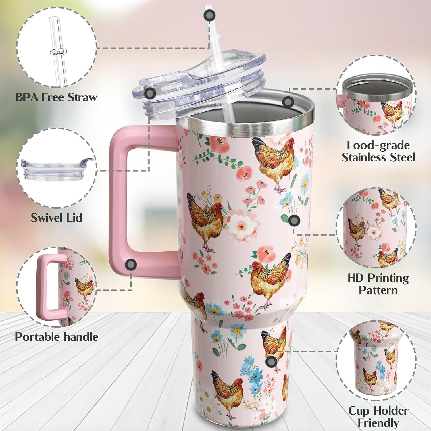 40 oz Chicken Tumbler with Handle and Straw, Rooster Stainless Steel Vacuum Insulated Travel Coffee Mug Cup Water Bottle, Chicken Stuff Accessories Decor, Rooster Gifts for Women Girls - Image 2