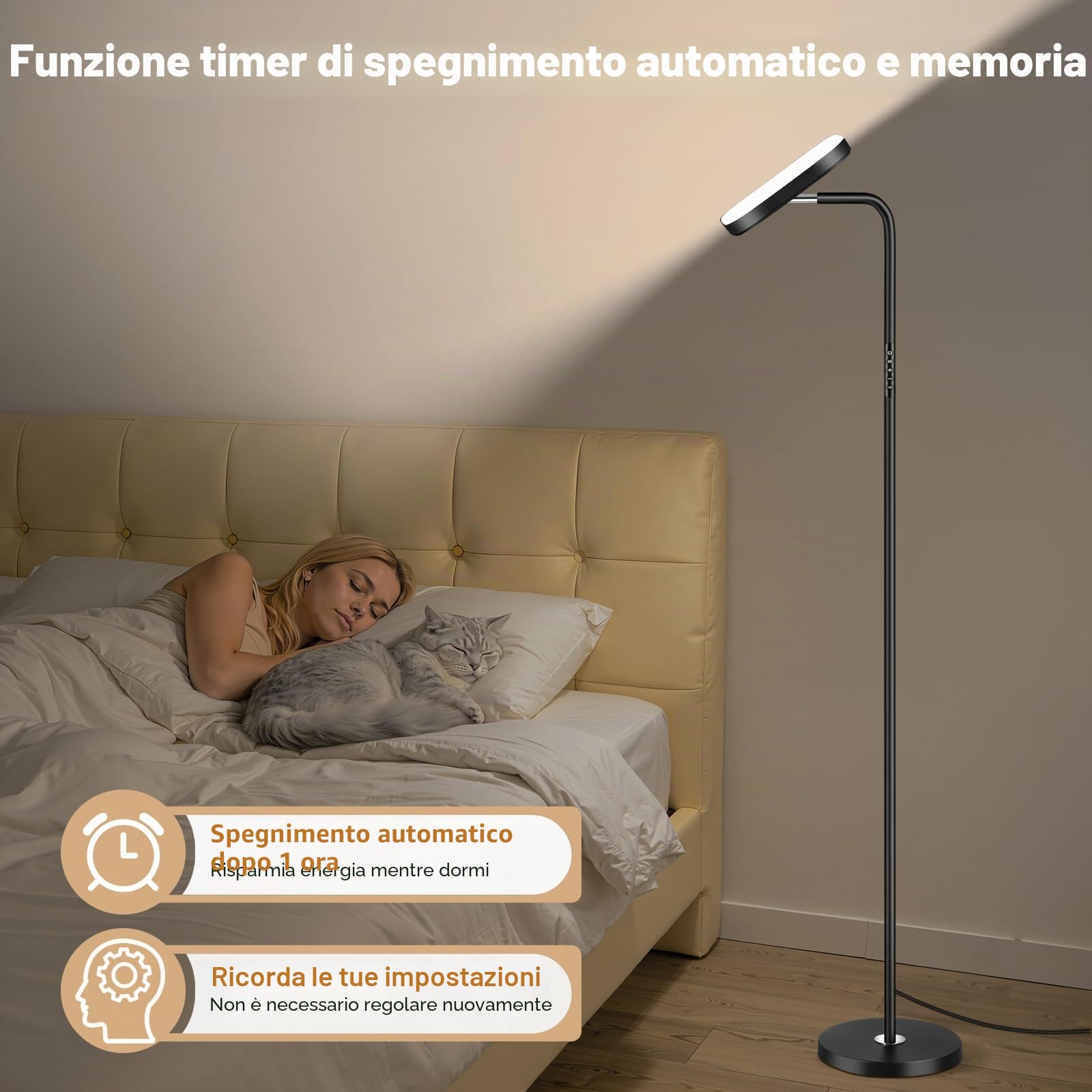 Lampada da Terra LED 36W 3200LM con Telecomando - 5 Tonalità di Colore Regolabile & Luminosità Dimmerabile - Piantana da Lettura Regolabile a 360° per Soggiorno, Camera da Letto, Ufficio - Nero