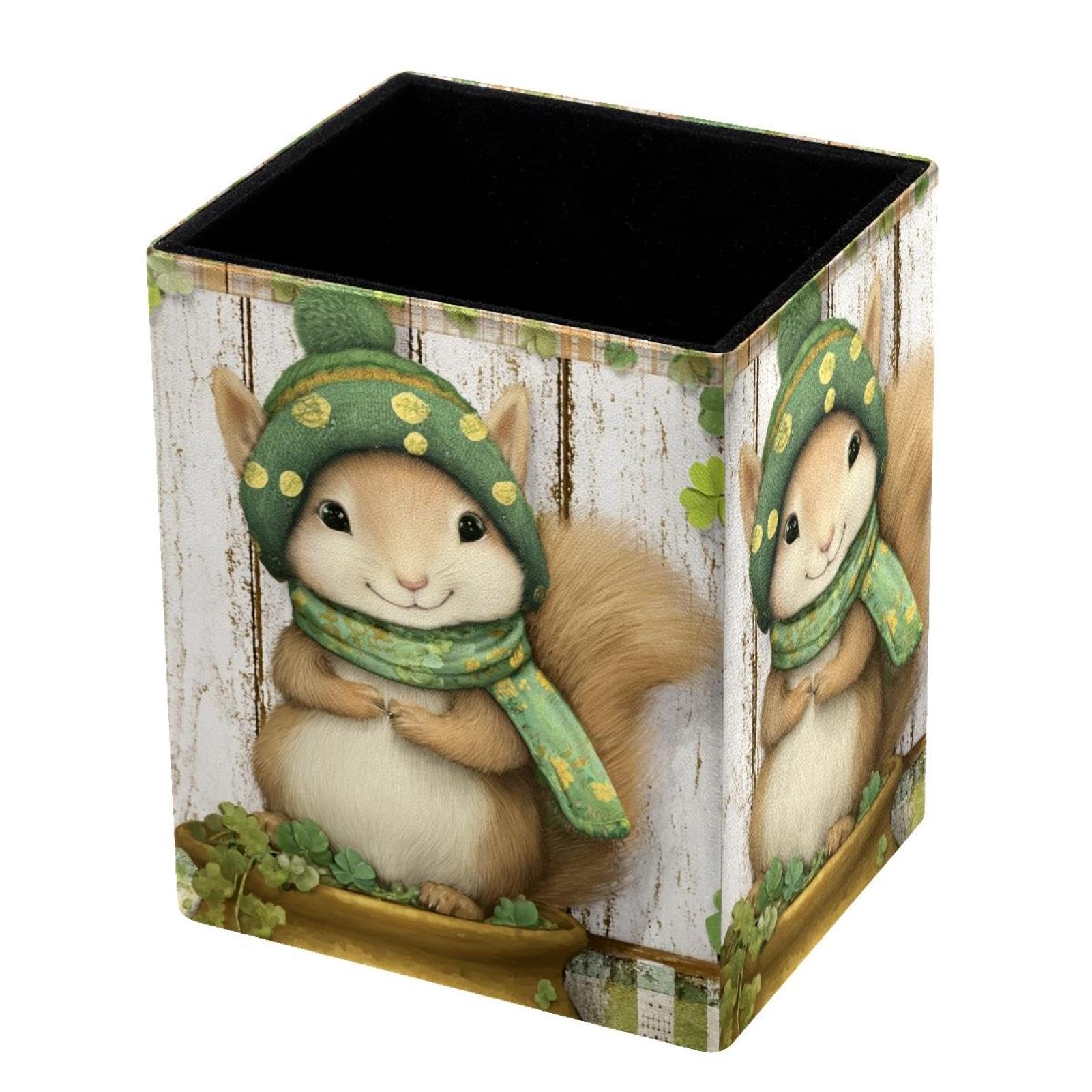 VAPOKF Pencil Holders for Desk, Cute St. Patrick's Day Squirrel Printed Pen Holders Pen Pot Makeup Brushes Storage Desktop Stationery Supplies Organiser for Home Office