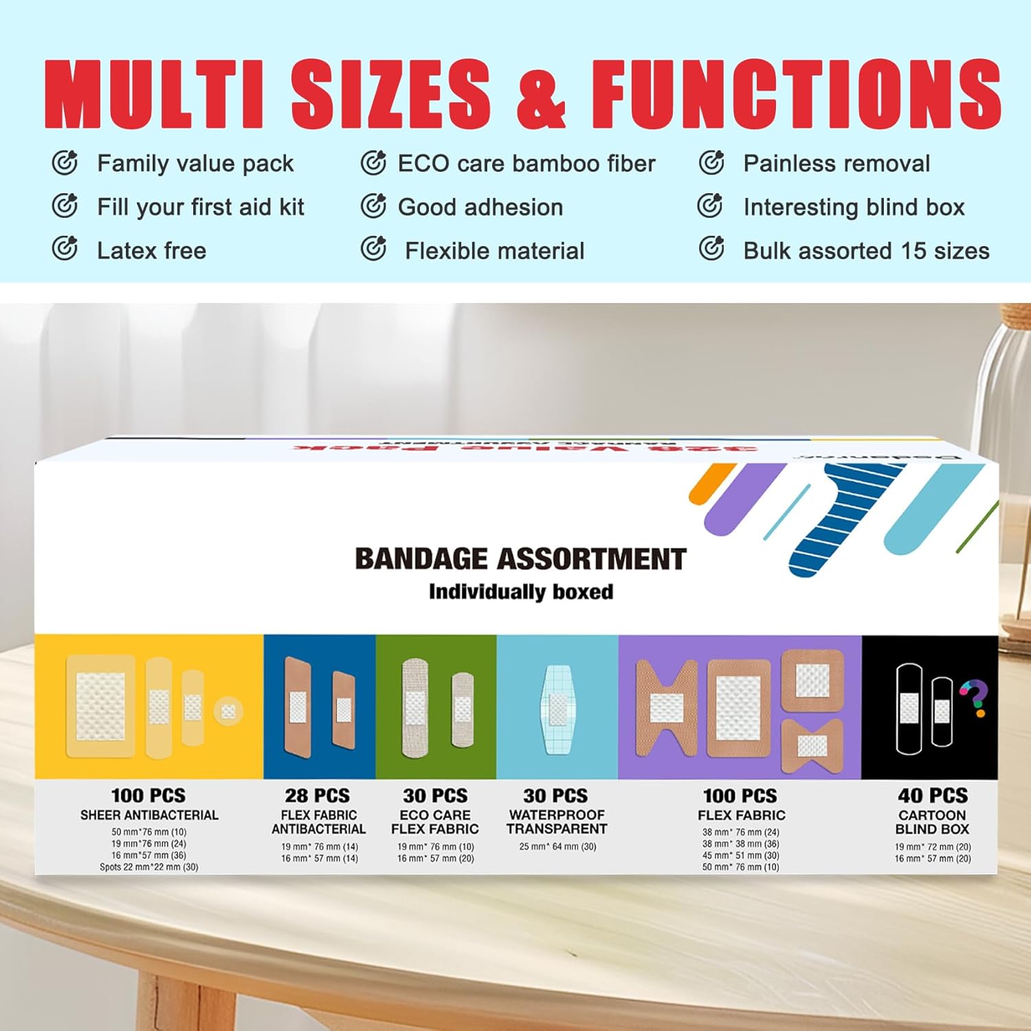 Variety Bandages Pack,328ct Assorted Bulk Various Sizes, Shapes &Features | Sheer & Flex Fabric with Benzalkonium, ECO Bamboo Fabric, Waterproof, Cartoon Blind Box Fragrance Bandages