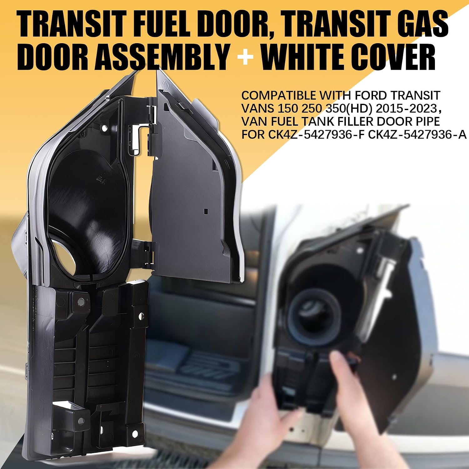 JINGKE Transit Fuel Door, Transit Gas Door Assembly + White Cover Compatible with Ford Transit Vans 150 250 350(HD) 2015-2023，Van Fuel Tank Filler Door Pipe for CK4Z-5427936-F CK4Z-5427936-A